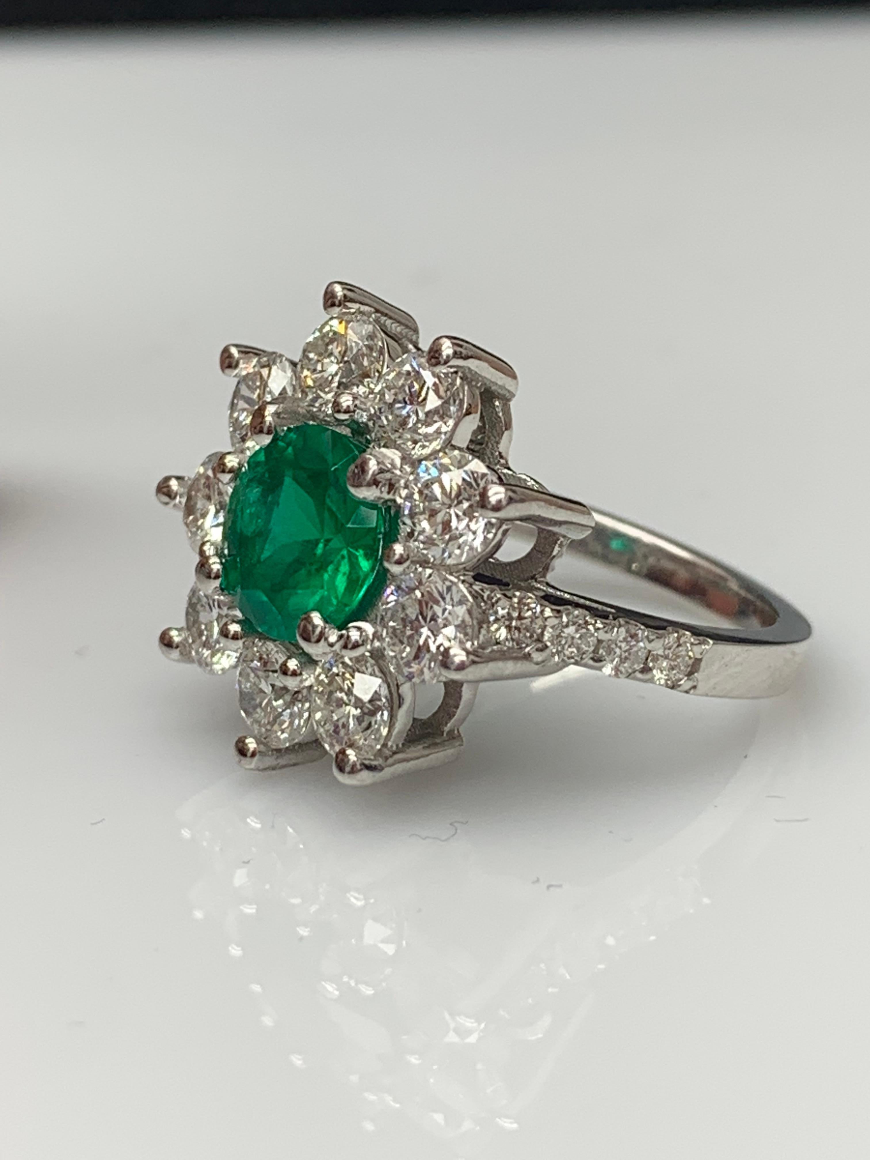 Modern 1.18 Carat Brilliant Cut Emerald and Diamond Ring in 14K White Gold For Sale