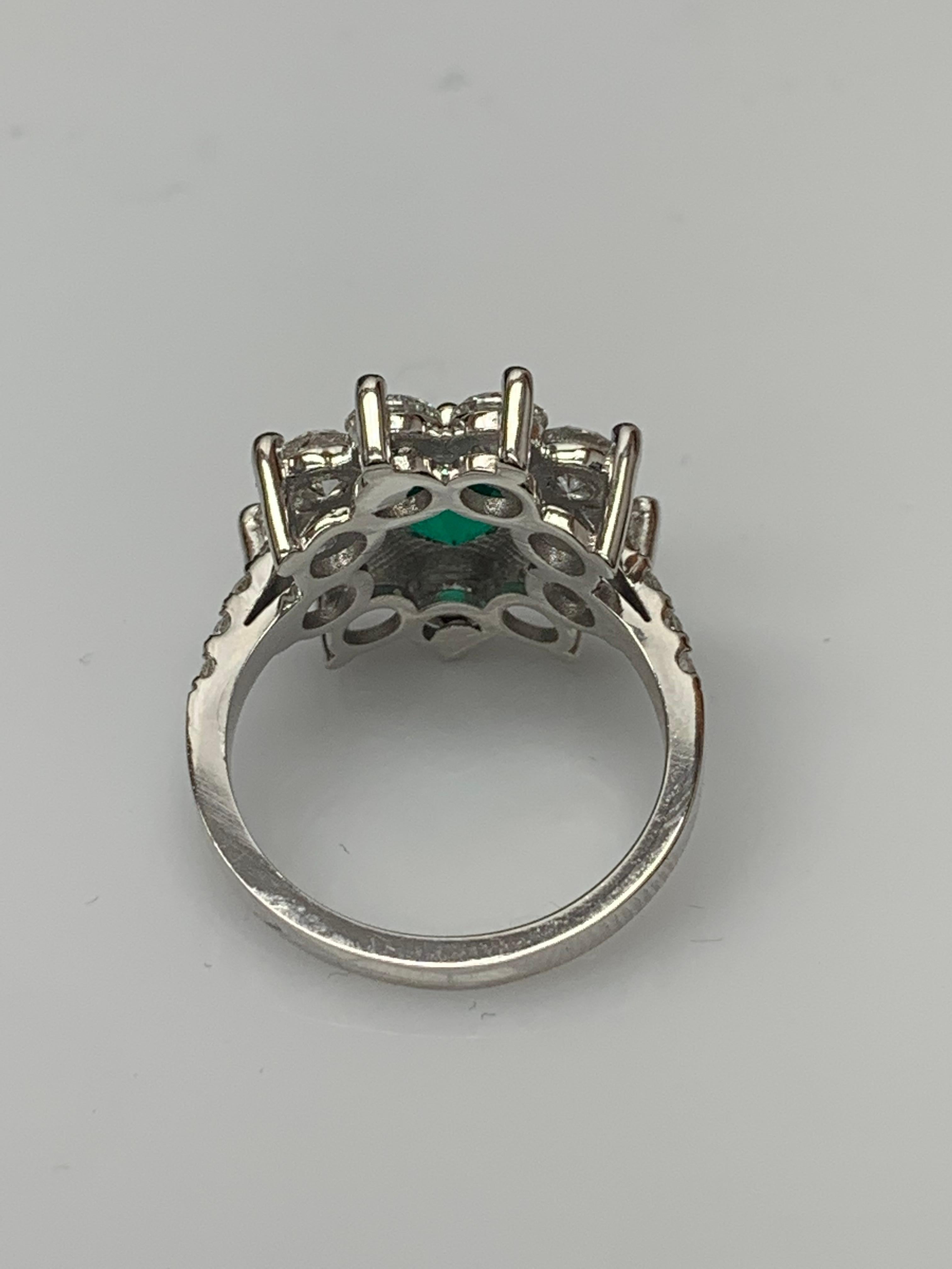 1.18 Carat Brilliant Cut Emerald and Diamond Ring in 14K White Gold For Sale 1