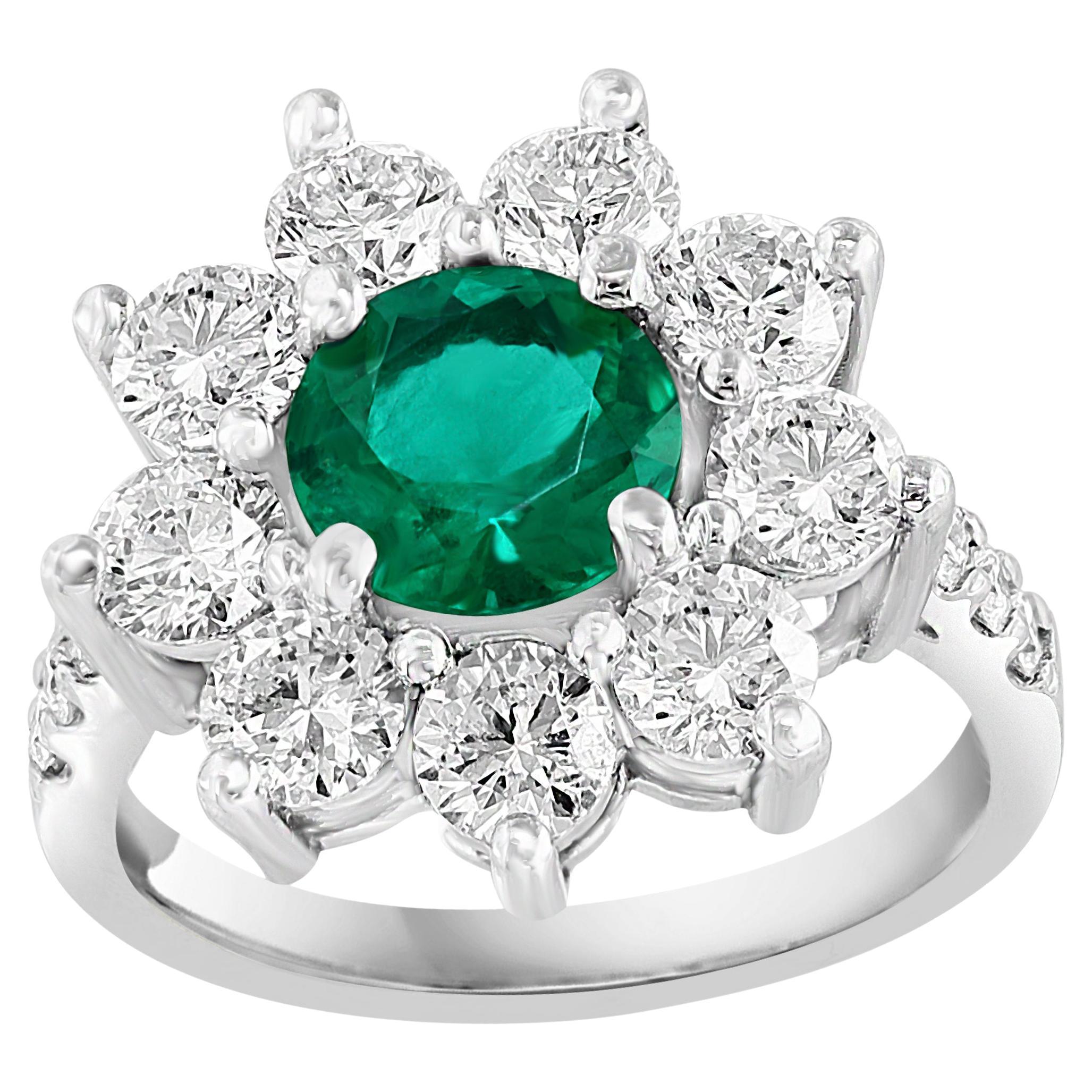 1.18 Carat Brilliant Cut Emerald and Diamond Ring in 14K White Gold For Sale