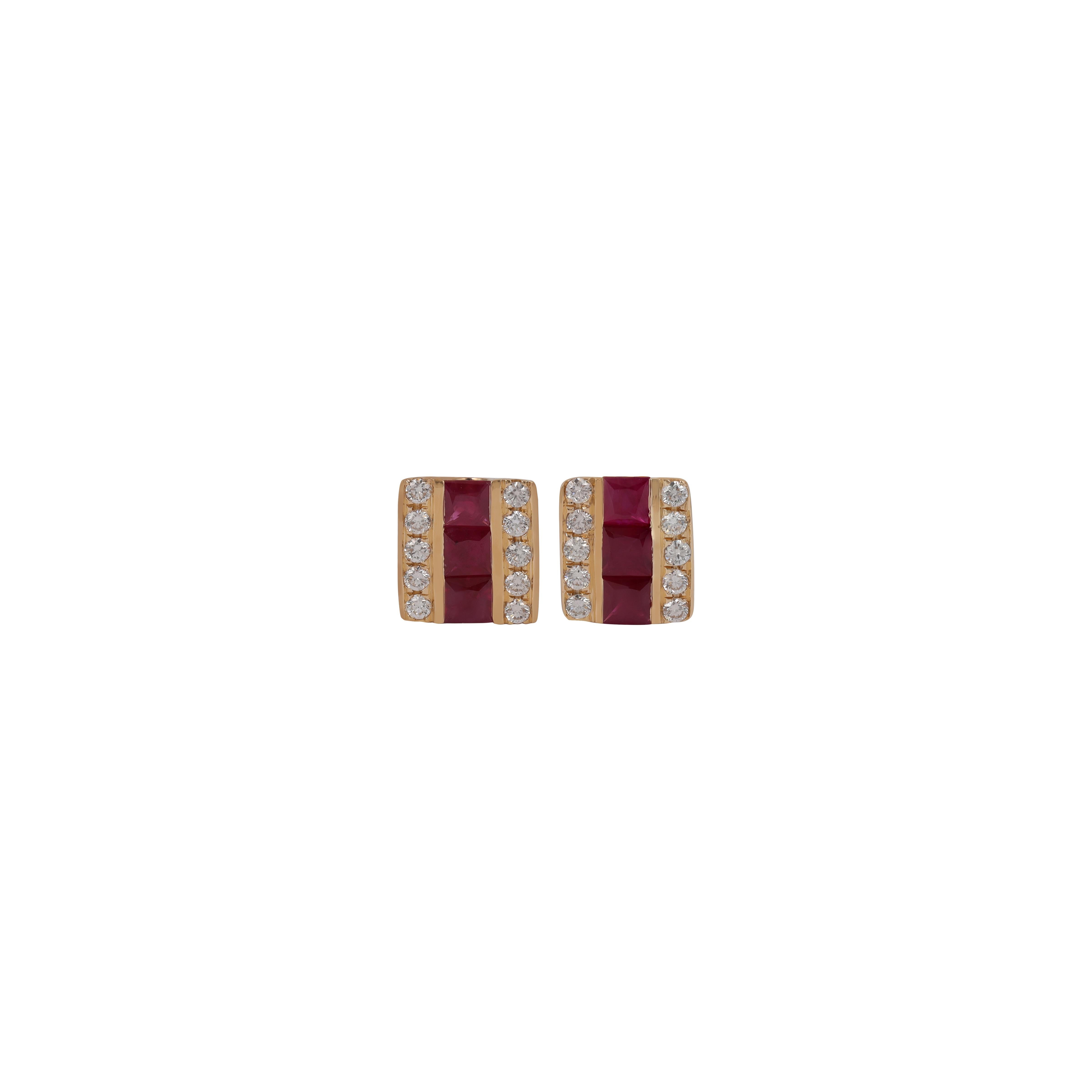 This is an elegant Stud earring pair with Burma Ruby  & diamonds feature 6 pieces  Burma Ruby  weight 1.18 carats, 20 pieces of  diamonds weight 0.30 carat , these earrings entirely made in 18K Yellow gold weight 3.09 grams.