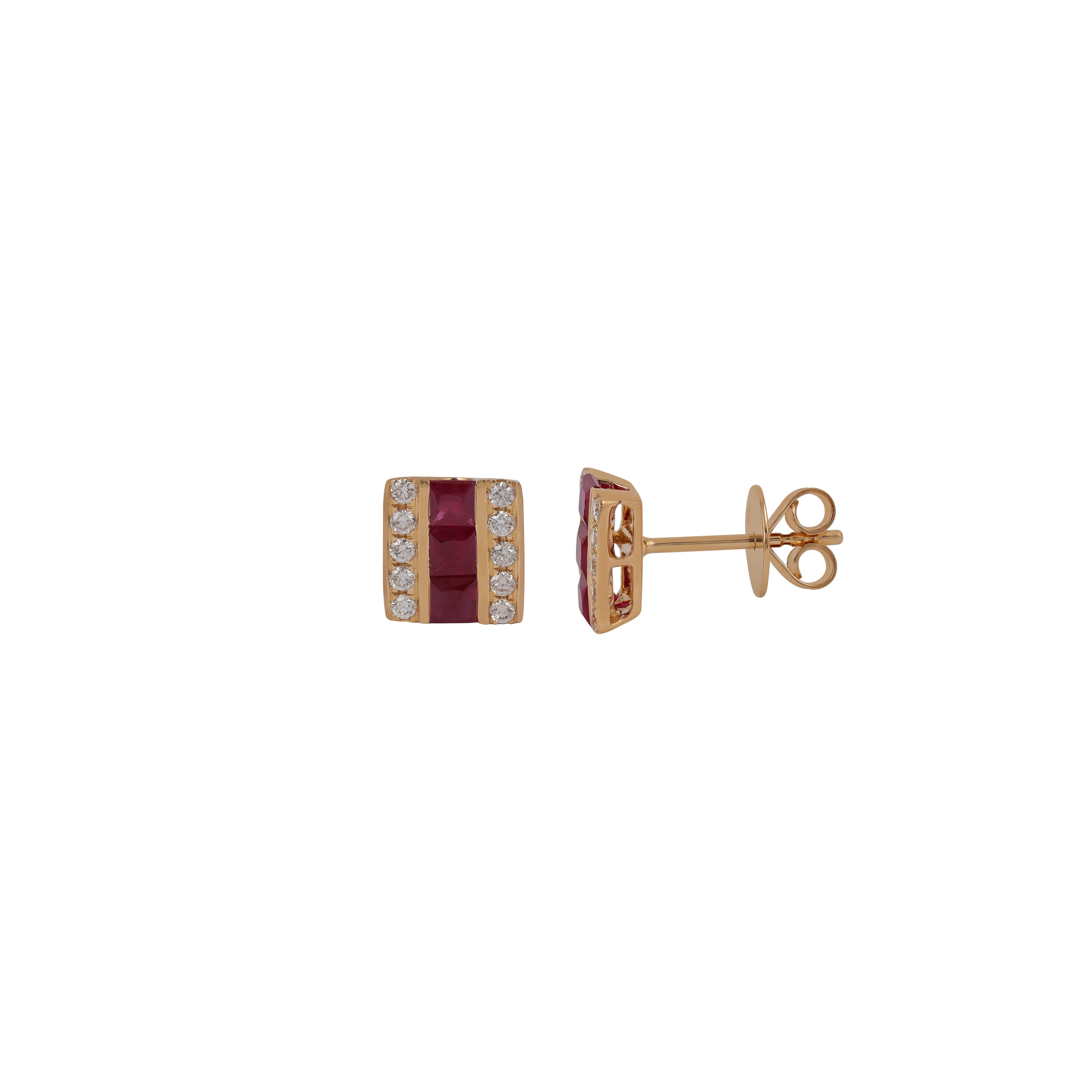 Contemporary 1.18 Carat Burma Ruby and Diamond Earrings  Stud in 18 Karat Yellow Gold For Sale