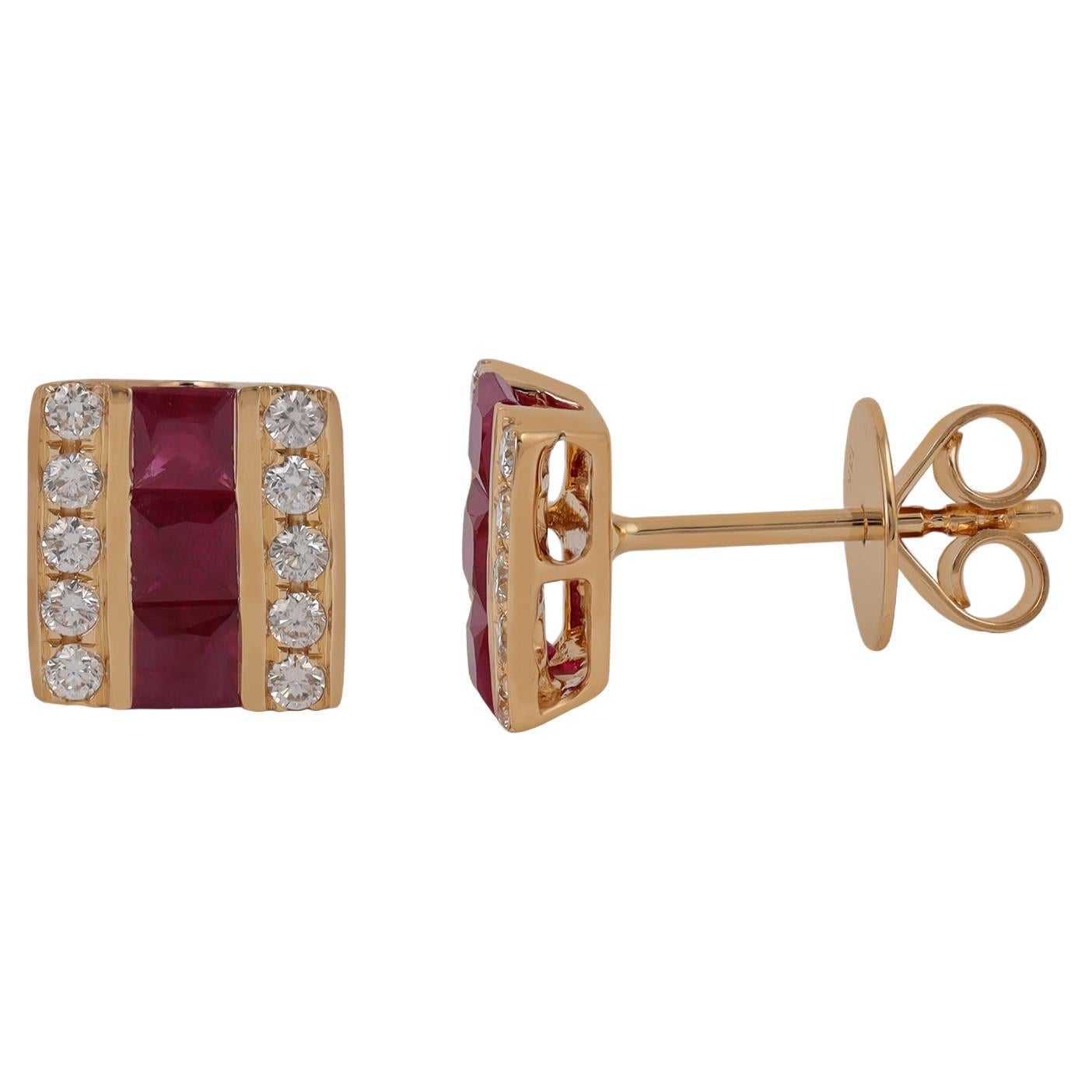 1.18 Carat Burma Ruby and Diamond Earrings  Stud in 18 Karat Yellow Gold For Sale