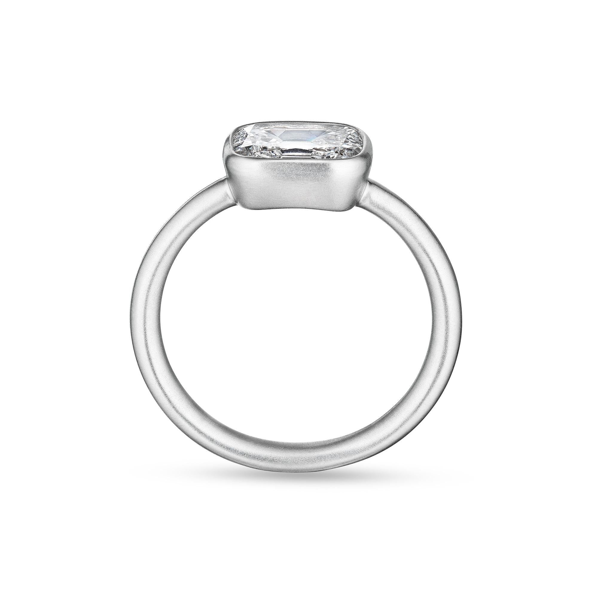 Refreshingly sleek, modern yet classic, this 1.18 carat cushion brilliant diamond platinum bezel set ring is immense in its simplicity.  Diamond is D color.  VS2 clarity.  GIA certification #6183256742.  Designed by Steven Fox Jewelry.  Size 6 US.