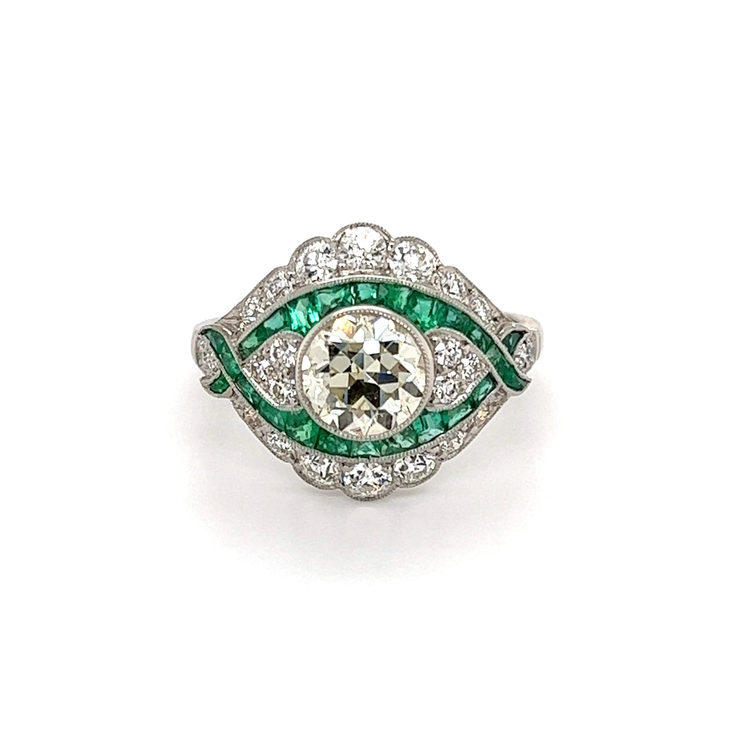 Women's 1.18 Carat Diamond and Emerald Platinum Deco Revival Ring Estate Fine Jewelry For Sale