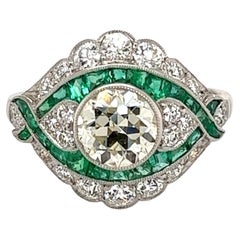 1.18 Carat Diamond and Emerald Platinum Deco Revival Ring Estate Fine Jewelry