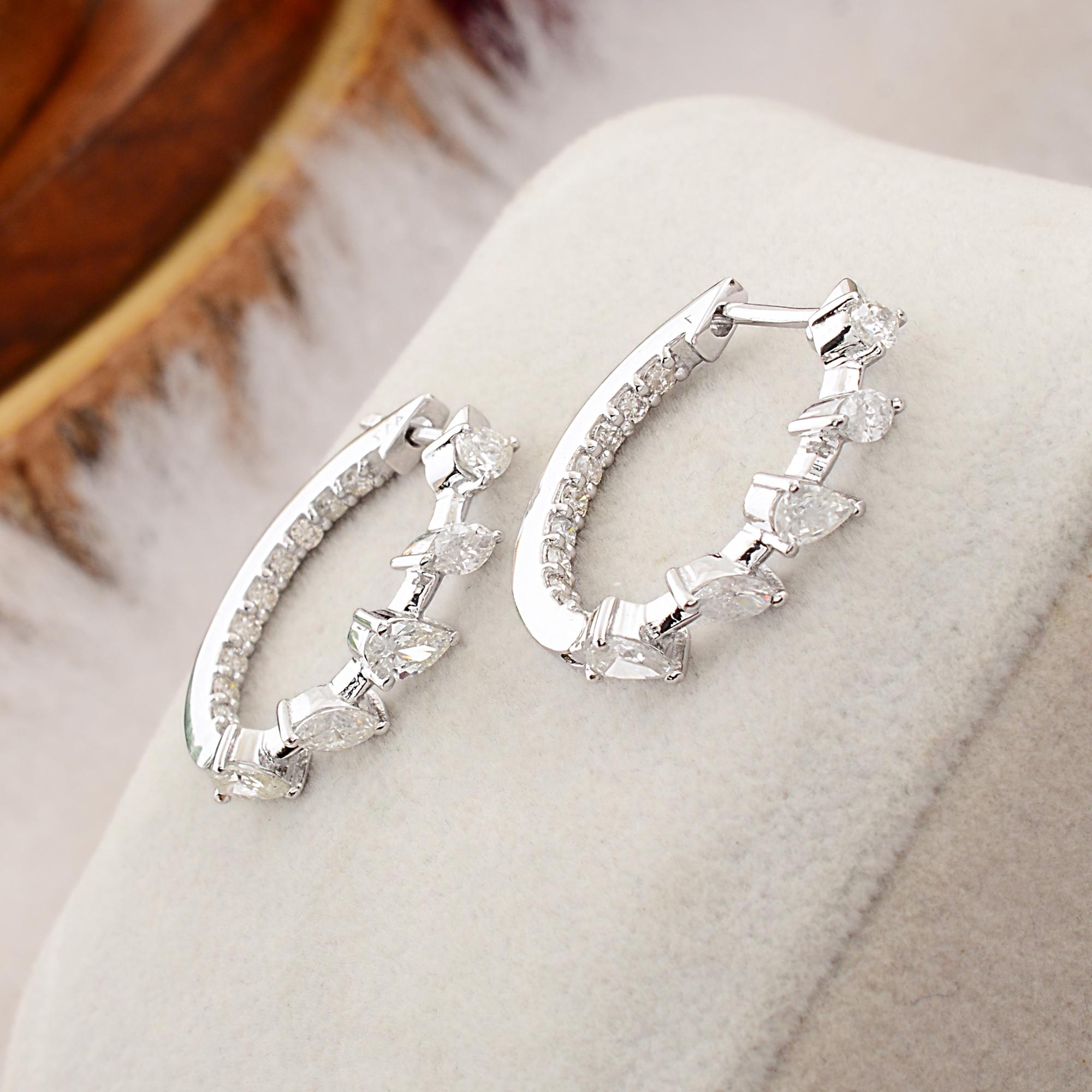 Pear Cut 1.18 Carat Diamond Pave Huggies Hoop Earrings Solid 10k White Gold Fine Jewelry For Sale