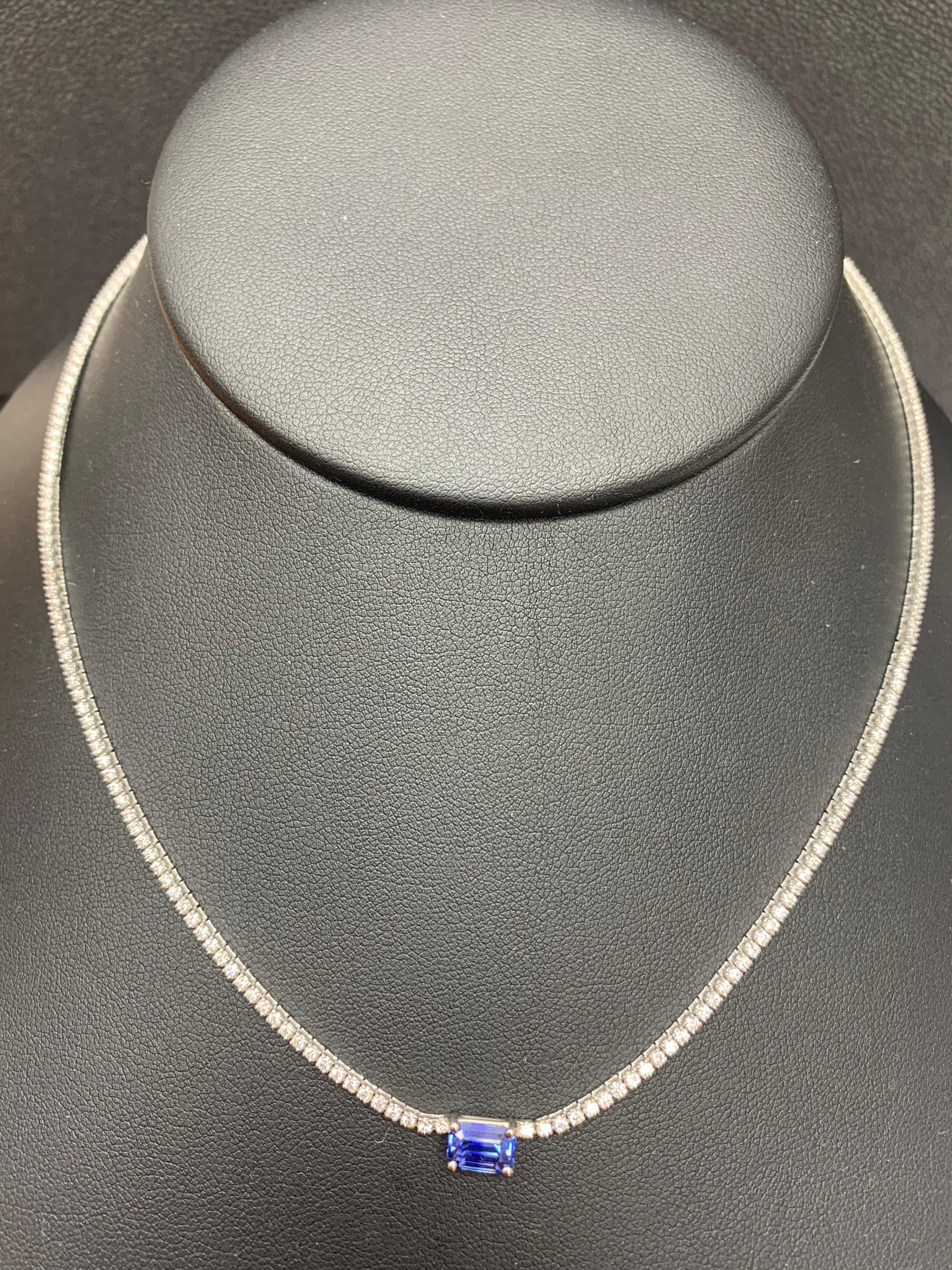 Modern 1.18 Carat Emerald cut Sapphire and Diamond Tennis Necklace in 14K White Gold For Sale