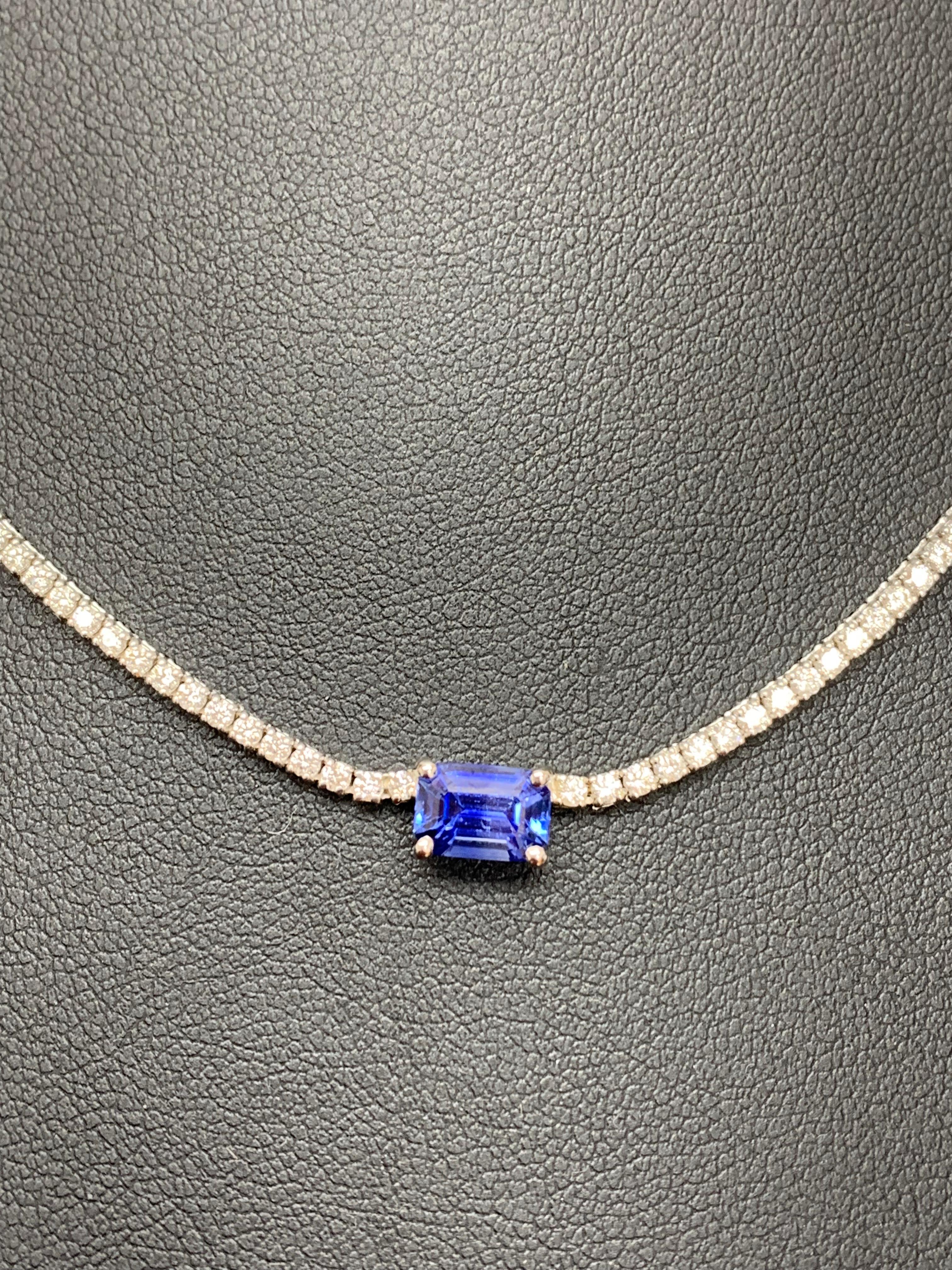 Emerald Cut 1.18 Carat Emerald cut Sapphire and Diamond Tennis Necklace in 14K White Gold For Sale