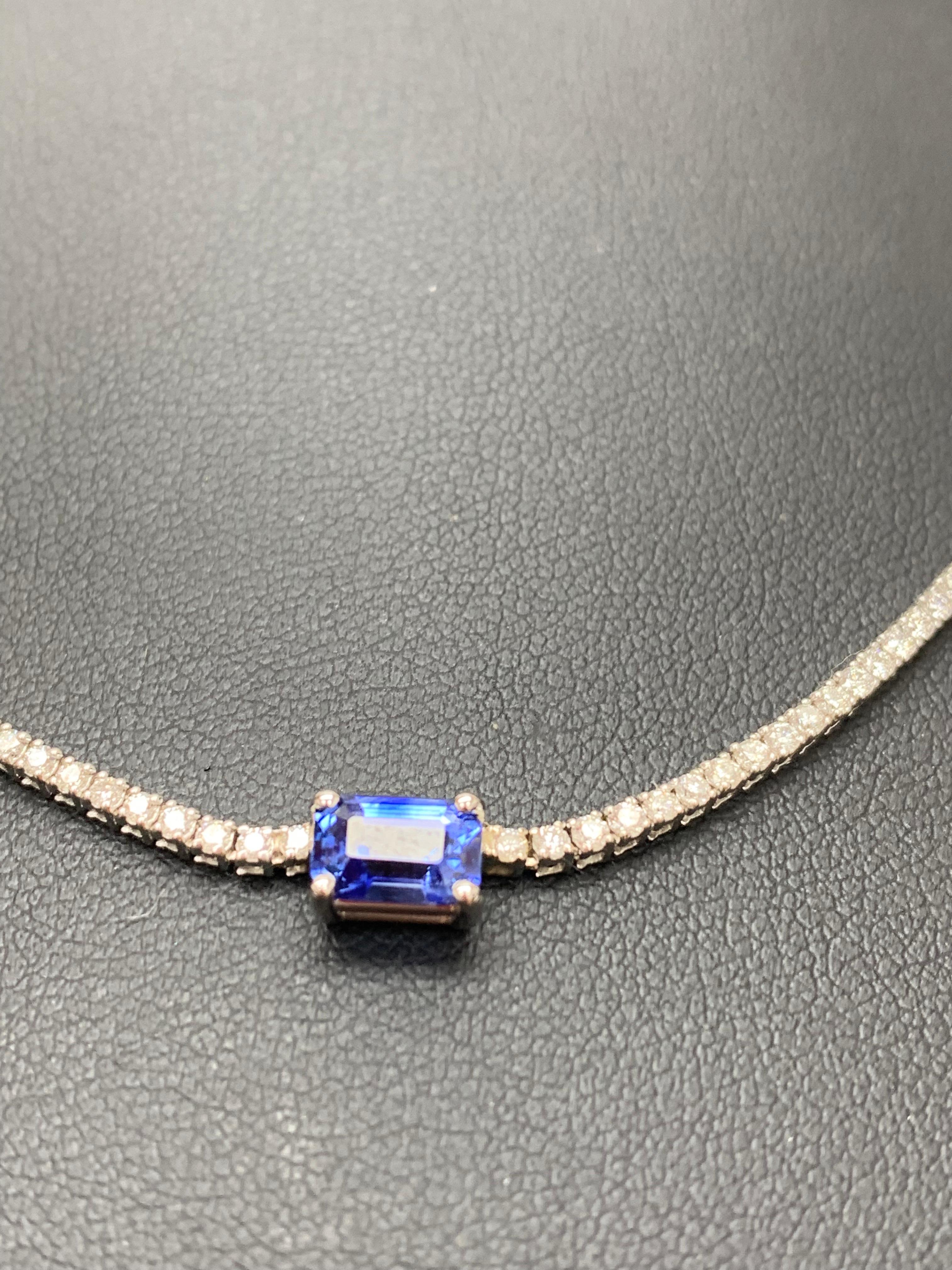 Women's 1.18 Carat Emerald cut Sapphire and Diamond Tennis Necklace in 14K White Gold For Sale