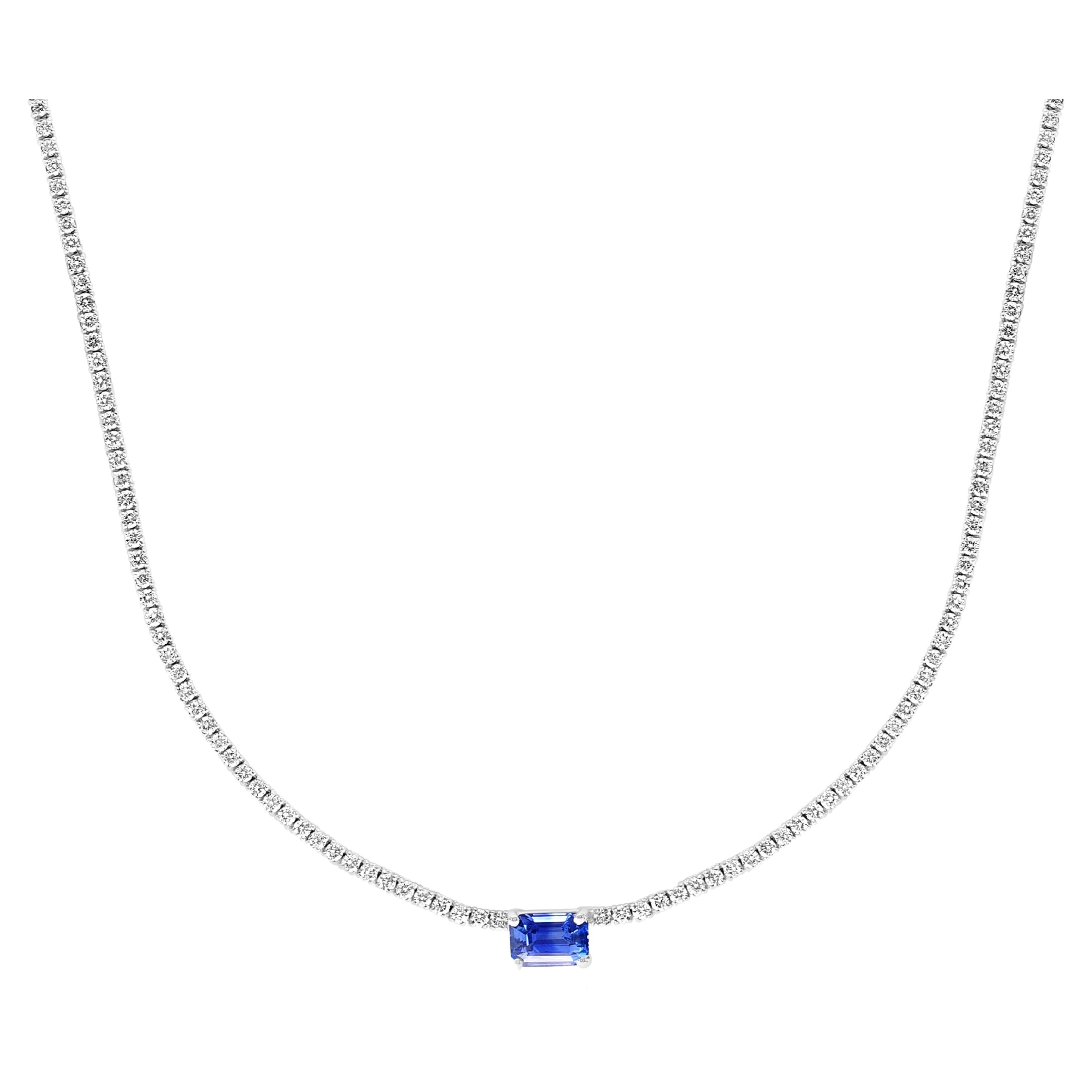 1.18 Carat Emerald cut Sapphire and Diamond Tennis Necklace in 14K White Gold For Sale