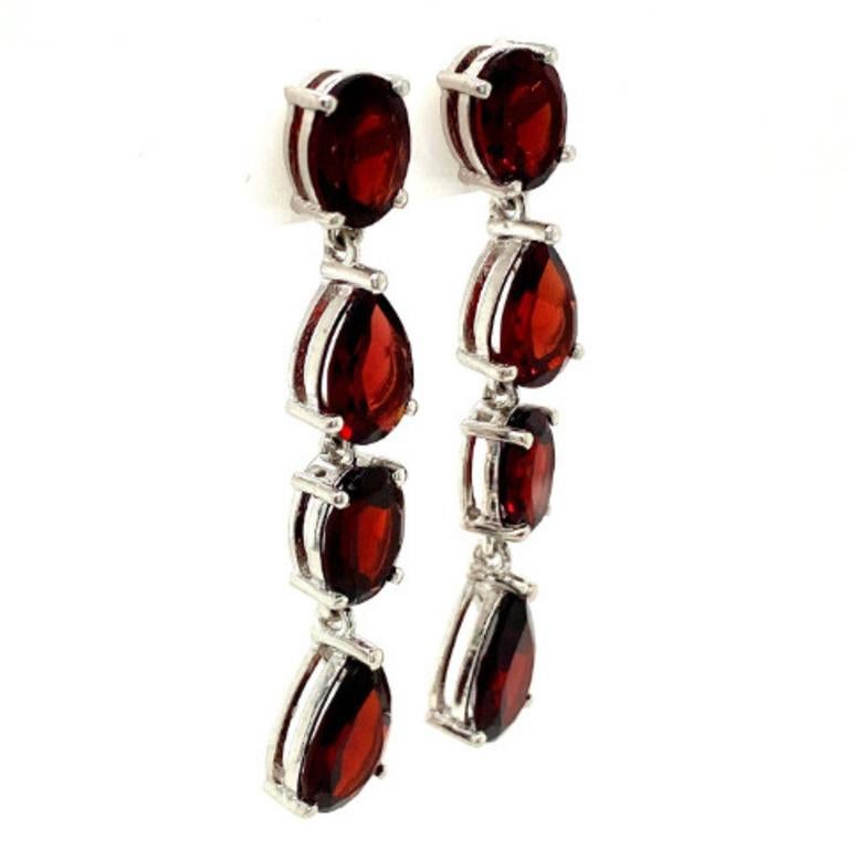 Mixed Cut 11.8 Carat Natural Deep Red Garnet Long Dangle Earrings in 925 Sterling Silver