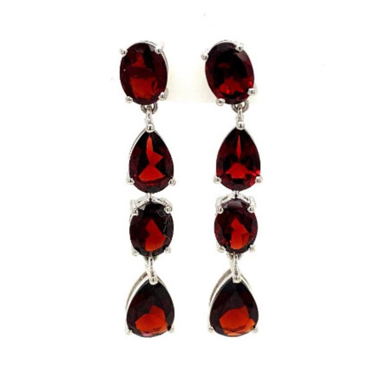 11.8 Carat Natural Deep Red Garnet Long Dangle Earrings in 925 Sterling Silver In New Condition In Houston, TX