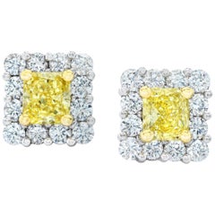 1.18 Carat Natural Fancy Yellow Diamond Platinum and 18k Yellow Gold Earrings