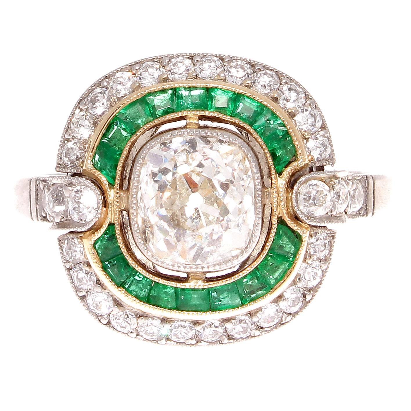 1.18 Carat Old Mine Cut Diamond Emerald Platinum Engagement Ring