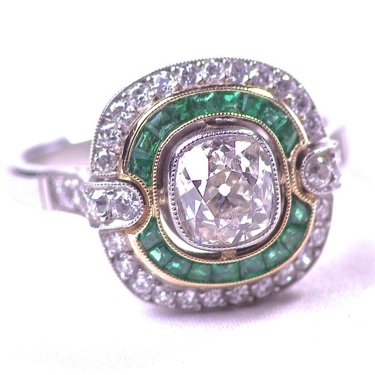 Art Deco 1.18 Carat Old Mine Cut Diamond Emerald Platinum Gold Engagement Ring