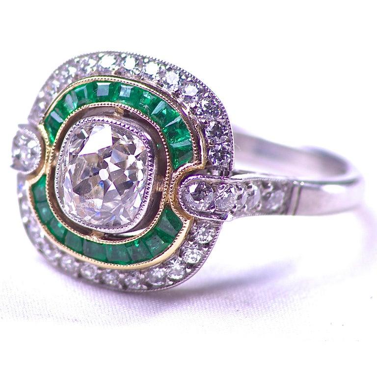 1.18 Carat Old Mine Cut Diamond Emerald Platinum Gold Engagement Ring In New Condition In Beverly Hills, CA