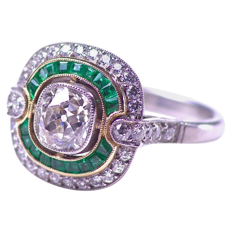 1.18 Carat Old Mine Cut Diamond Emerald Platinum Gold Engagement Ring