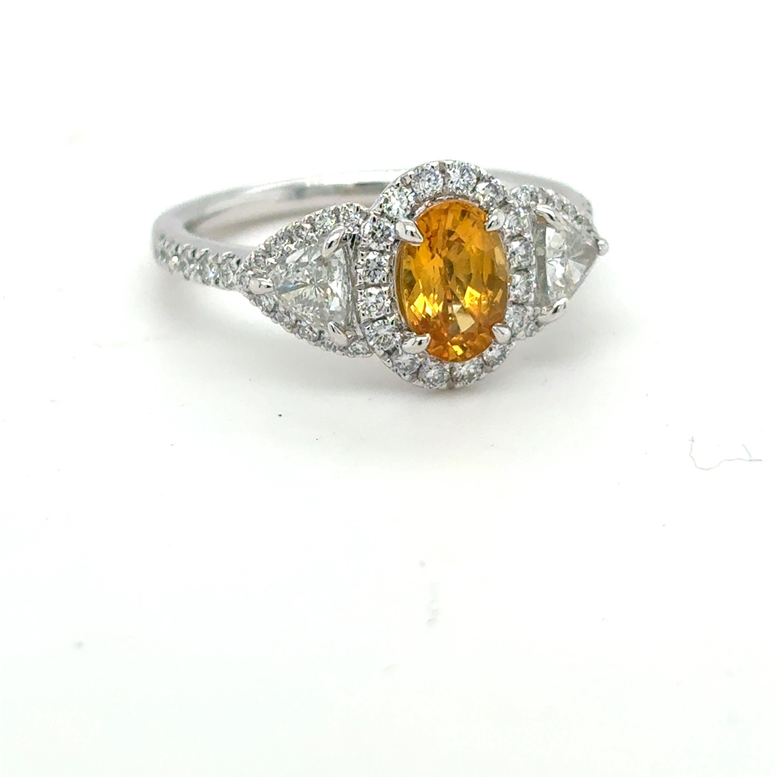 Artisan 1.18 Carat Oval Cut Yellow Sapphire Diamond Platinum Ring For Sale