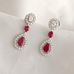 Ruby Diamond Halo Open Teardrop Drop Earrings 1.18 Ct 18k White Gold
