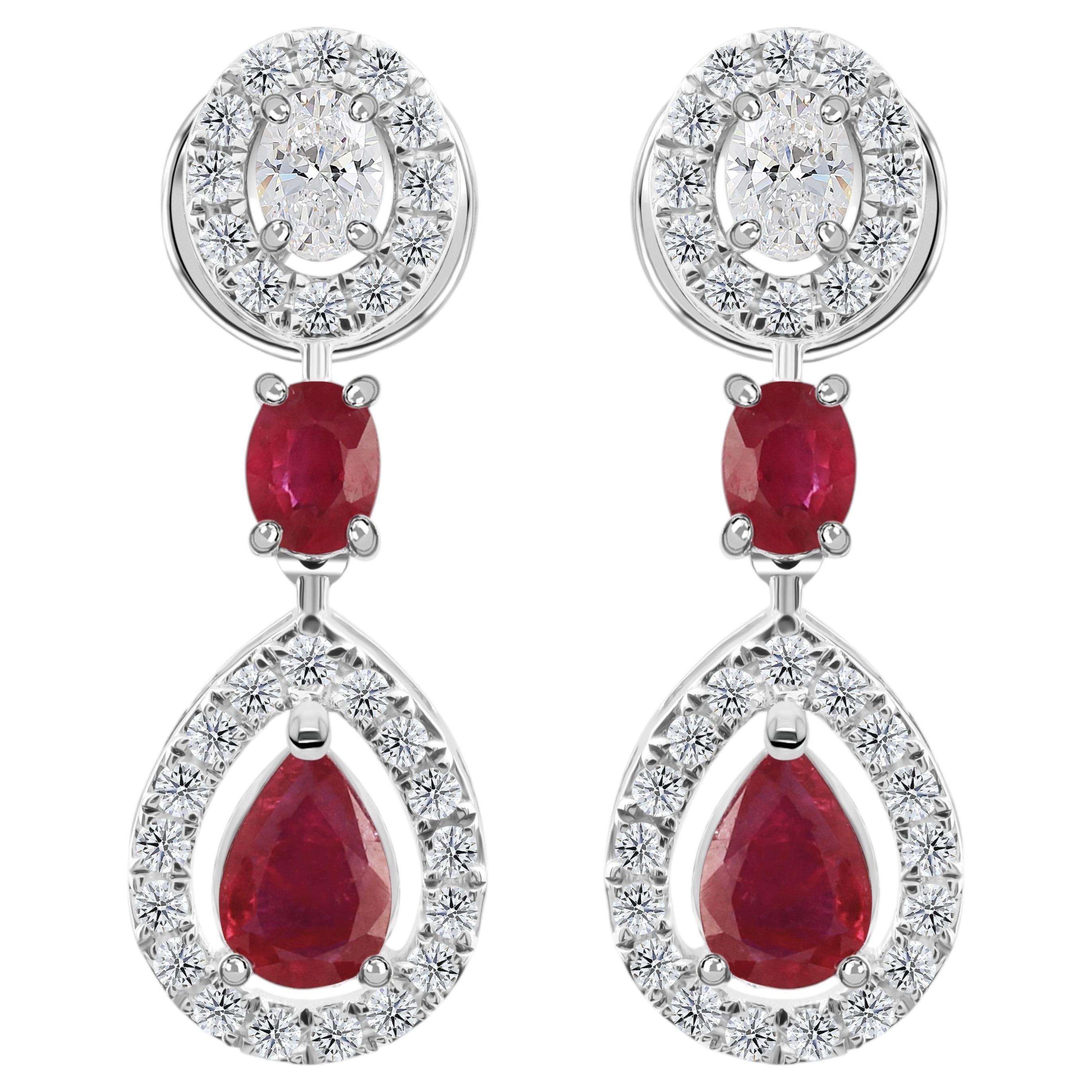 Ruby Diamond Halo Open Teardrop Drop Earrings 1.18 Ct 18k White Gold