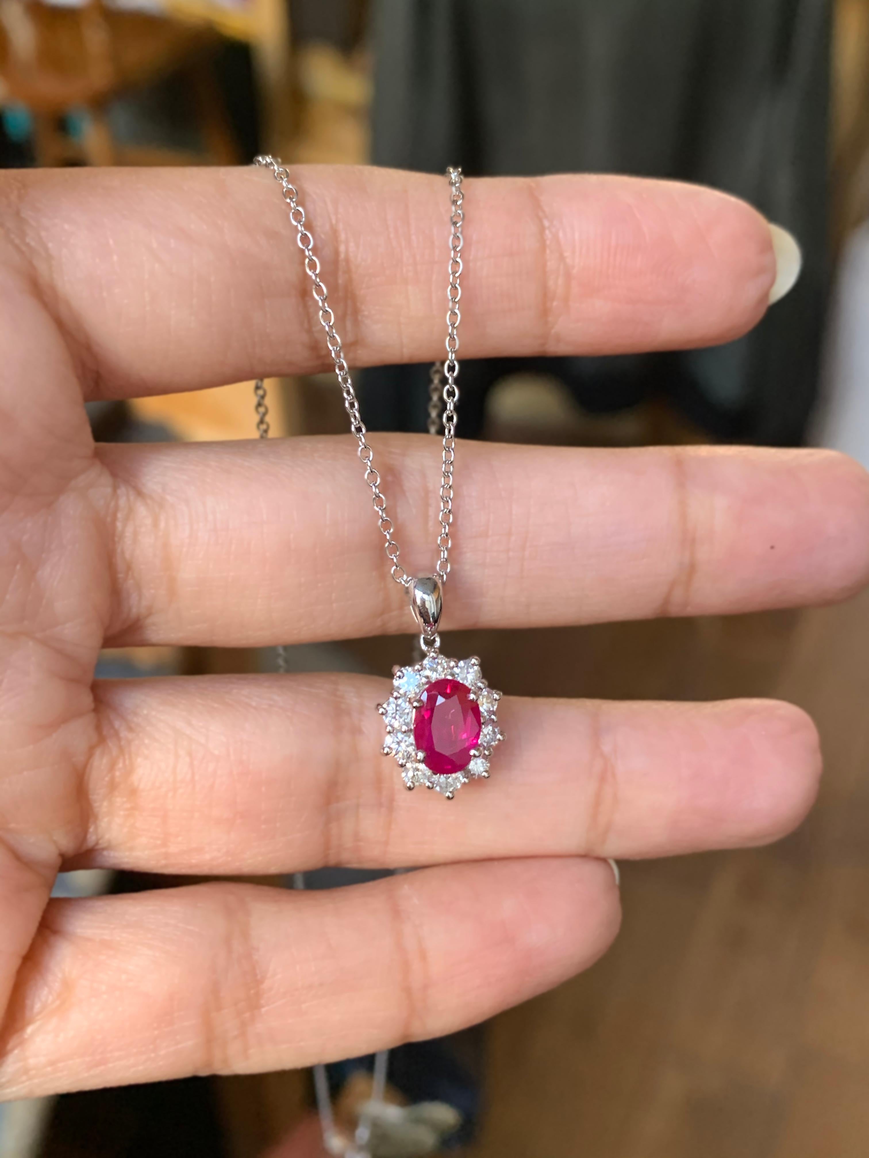 Oval Cut 1.18 Carat Oval Ruby and Diamond 18 Carat White Gold Pendant