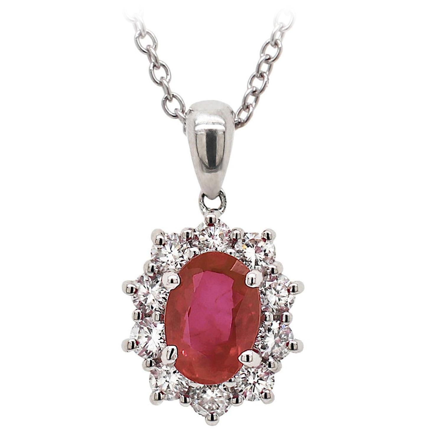 1.18 Carat Oval Ruby and Diamond 18 Carat White Gold Pendant