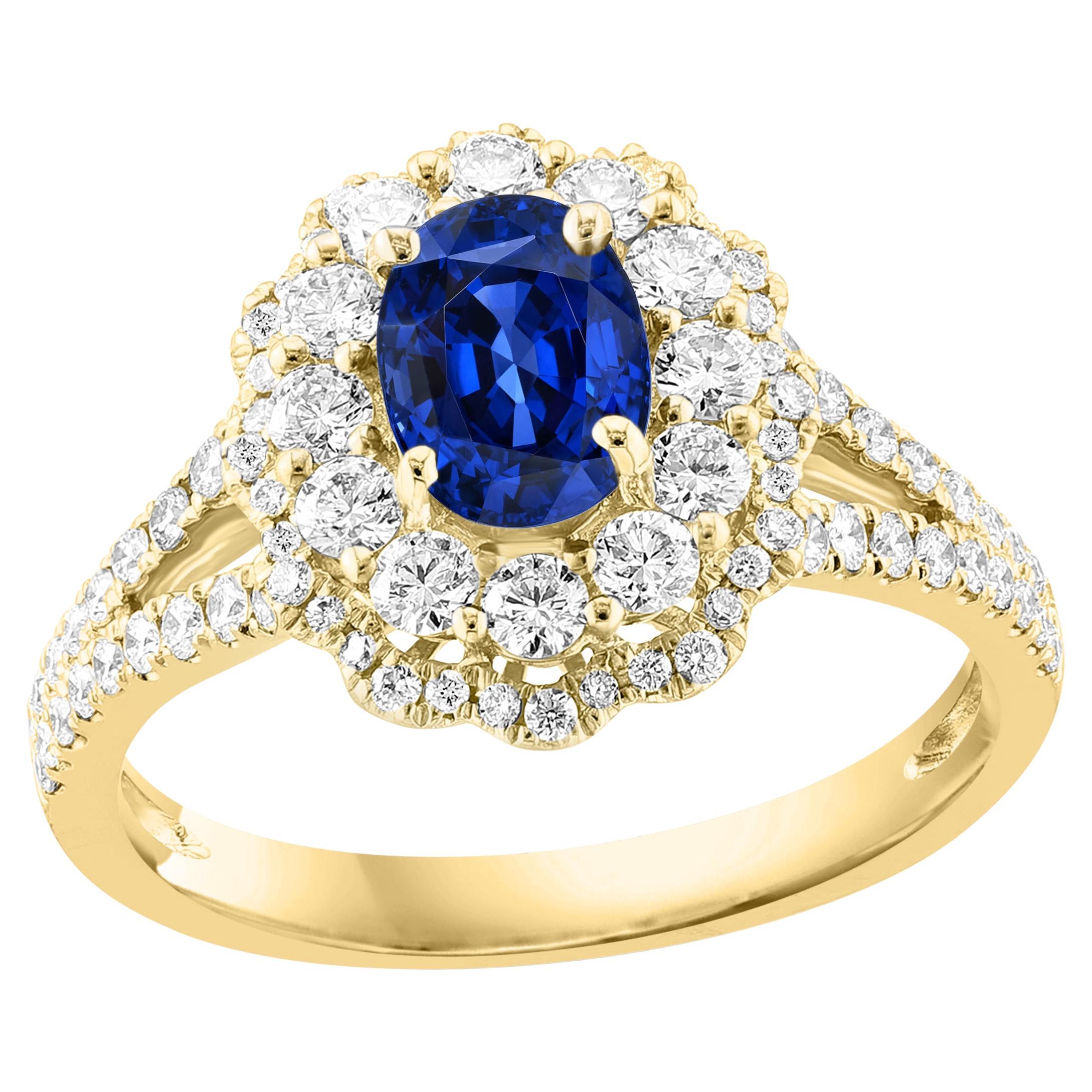 Bague fleur de cocktail en or jaune 18 carats, saphir ovale et diamant de 1,18 carat en vente