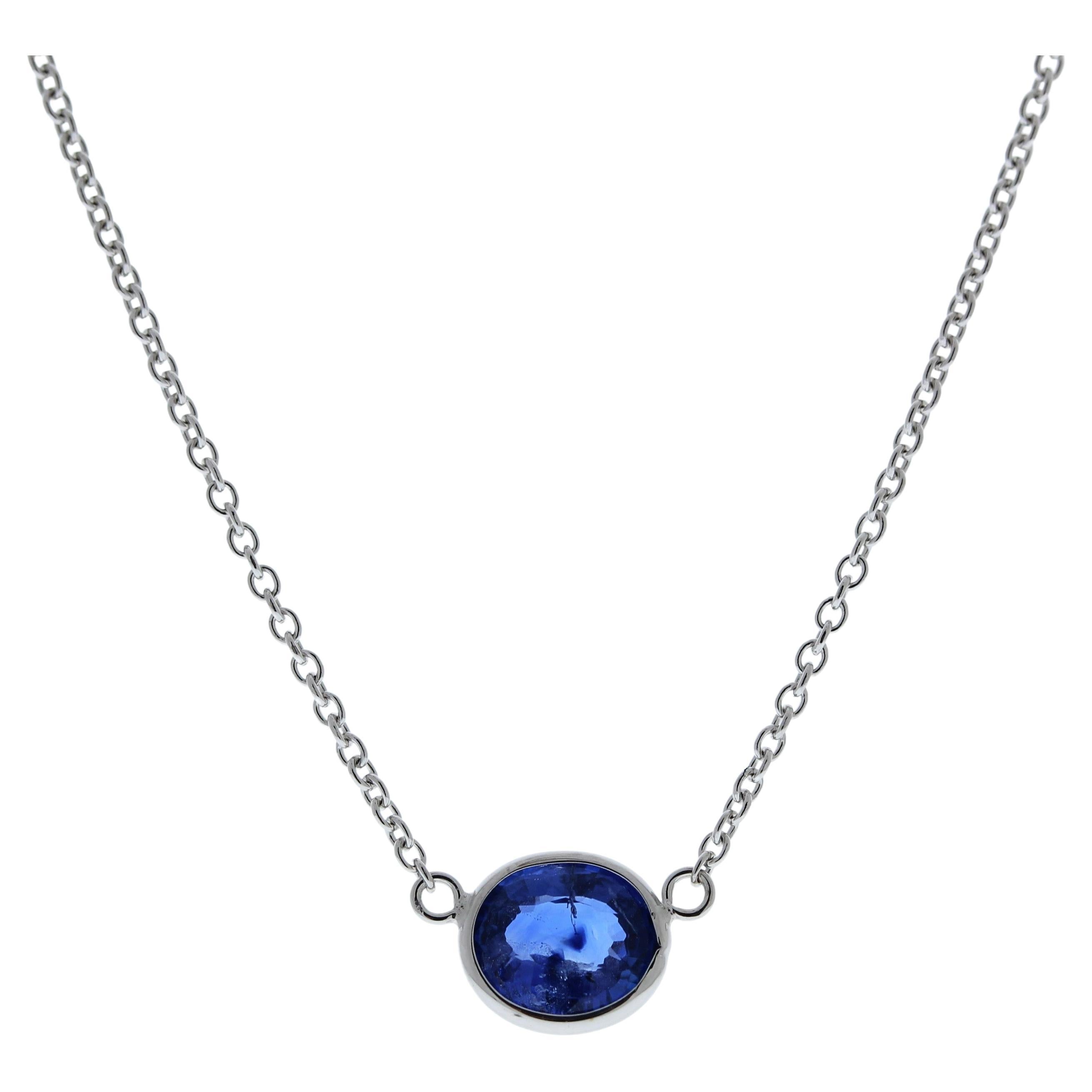 1.18 Carat Oval Sapphire Blue Fashion Necklaces In 14k White Gold For Sale