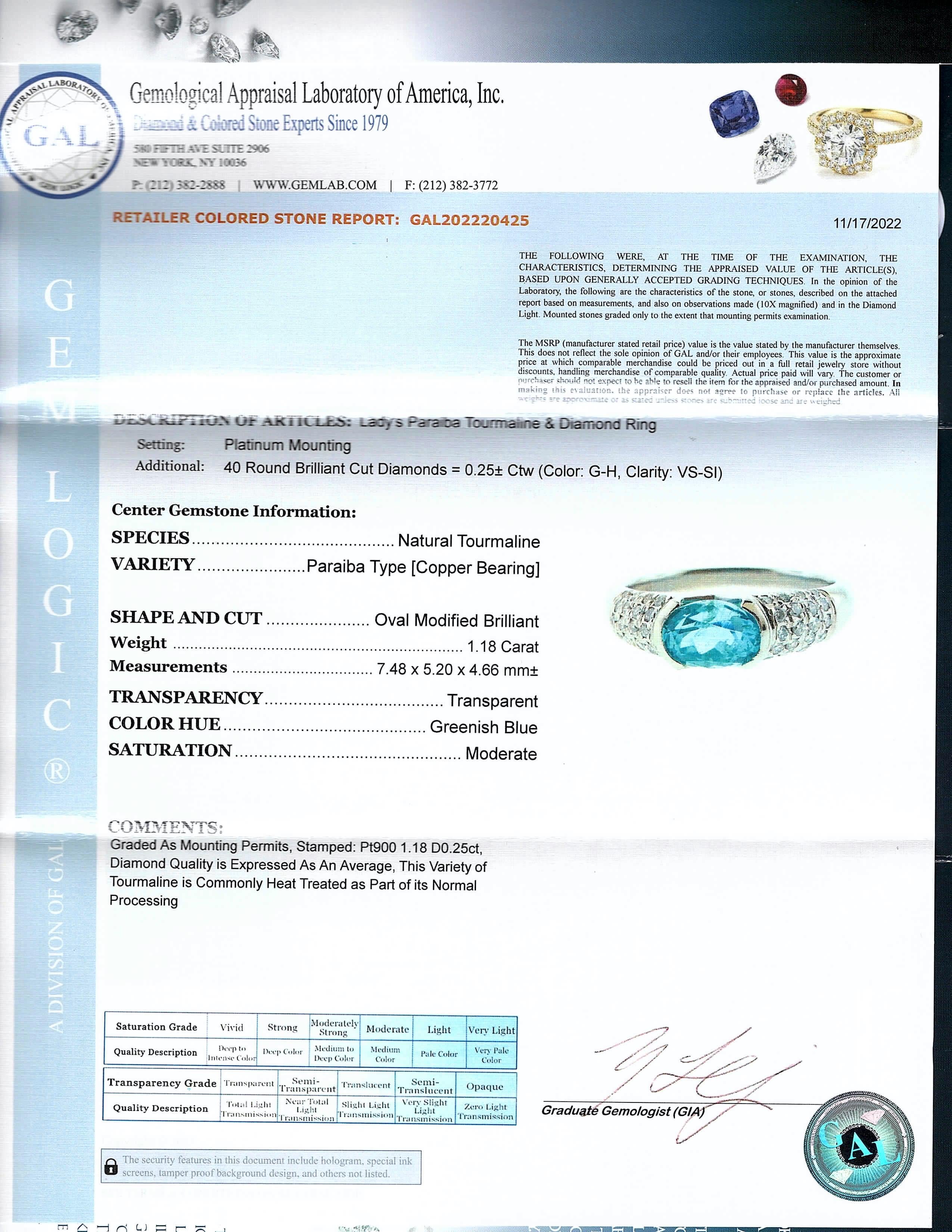 1.18 Carat Paraiba Tourmaline Diamond Platinum Ring 2