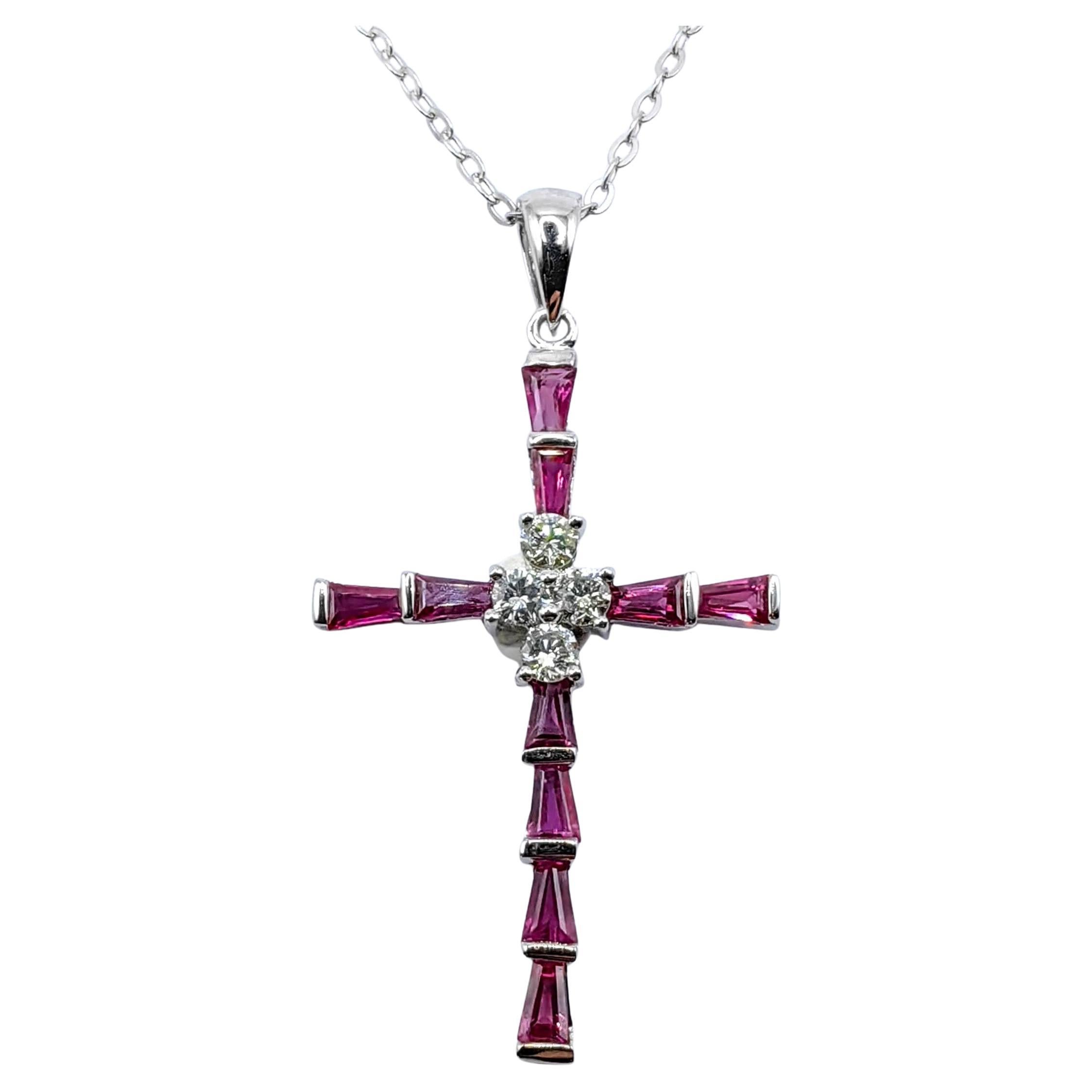 1.18 Carat Pigeon Blood Ruby & Diamond Cross Necklace Pendant in 18K White Gold