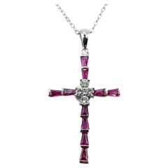 1.18 Carat Pigeon Blood Ruby & Diamond Cross Necklace Pendant in 18K White Gold