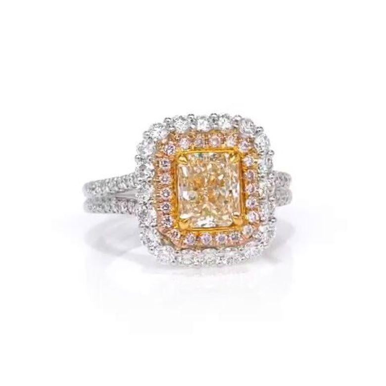 Art Déco Anello di fidanzamento a doppio anello con diamante giallo intenso da 1,18 carati Radiant Fancy in vendita