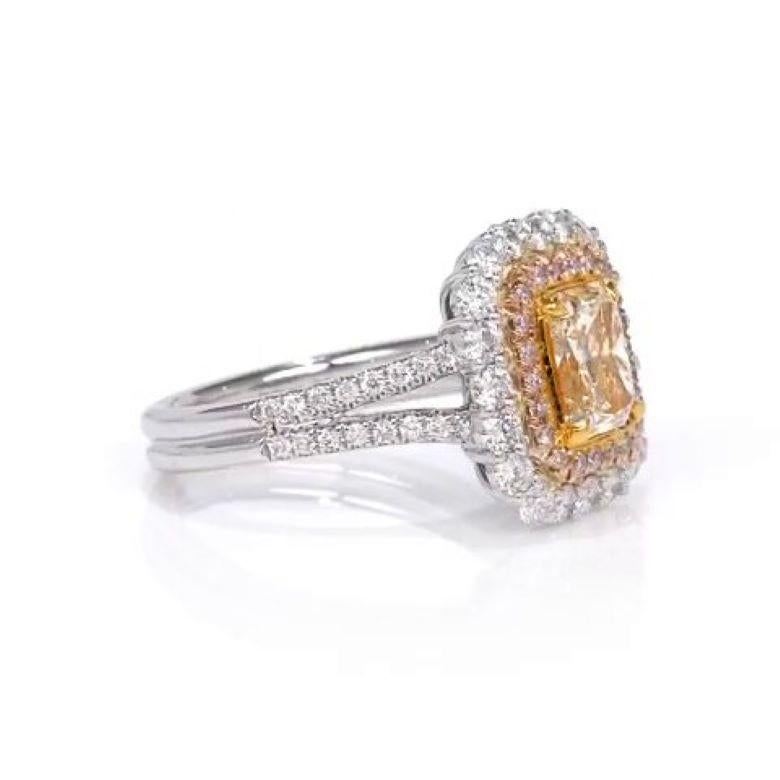 Anello di fidanzamento a doppio anello con diamante giallo intenso da 1,18 carati Radiant Fancy in vendita 1