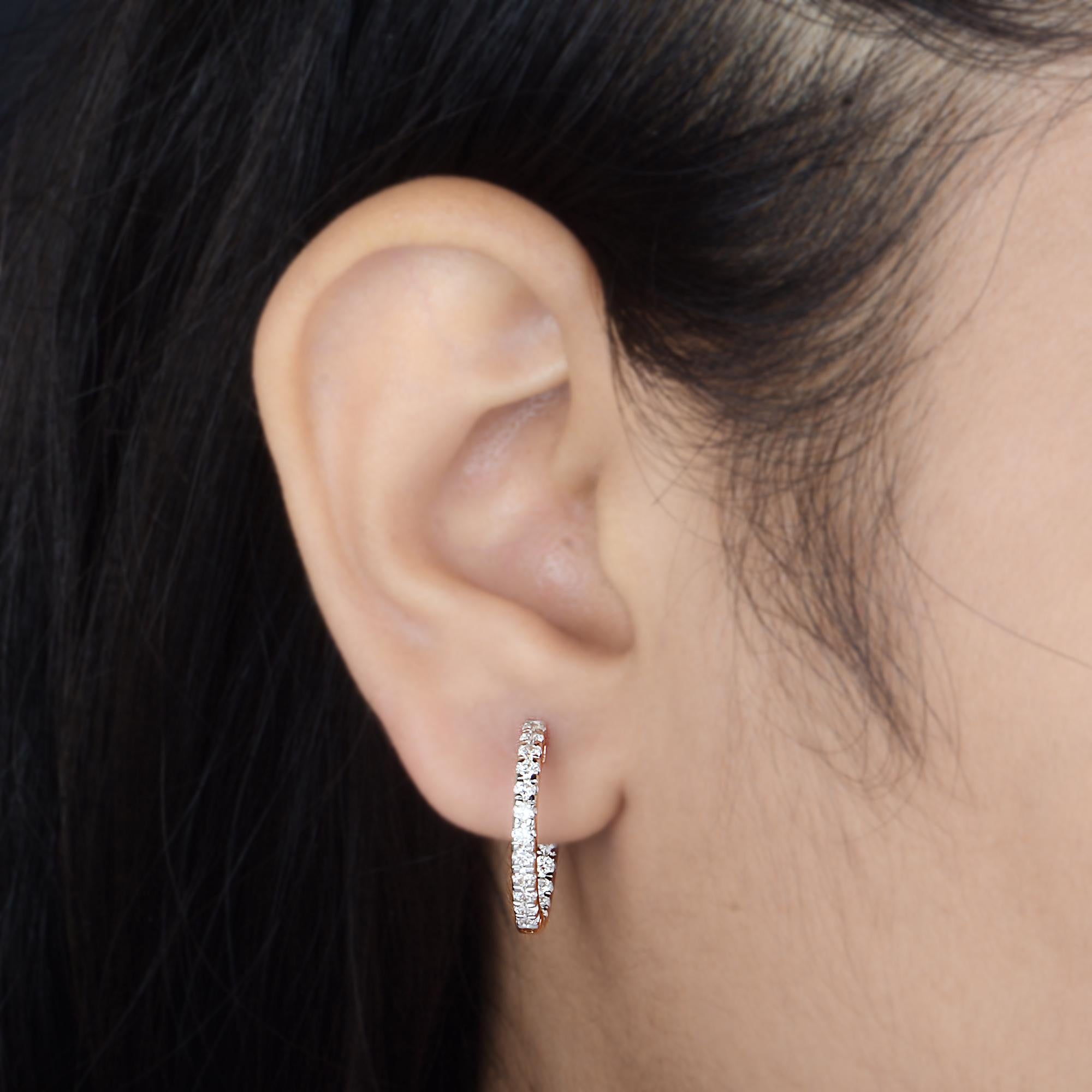 Modern 1.18 Carat SI Clarity HI Color Diamond Pave Hoop Earrings 10k Rose Gold Jewelry For Sale