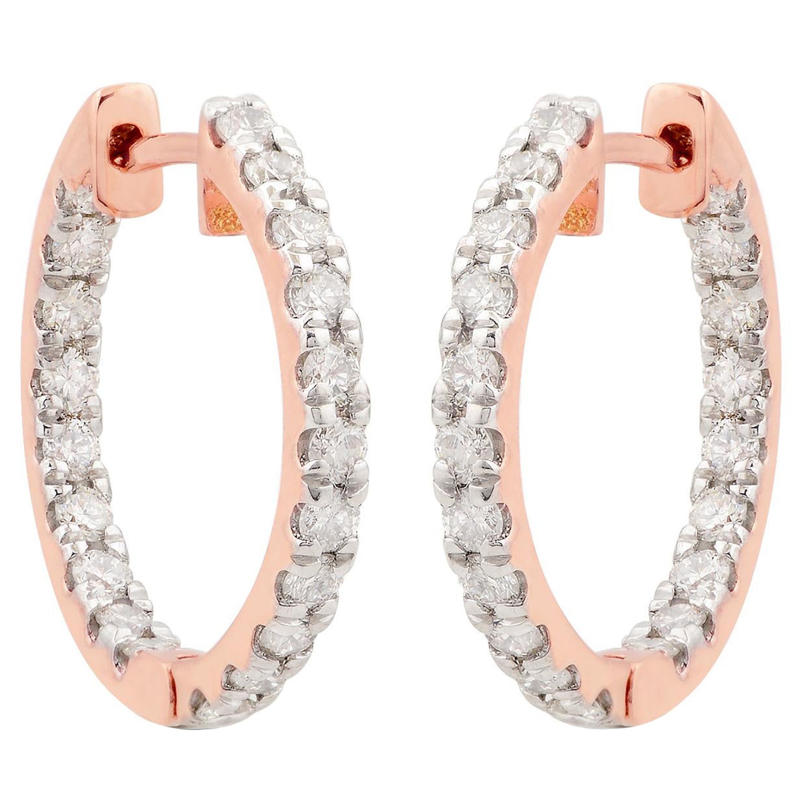 1.18 Carat SI Clarity HI Color Diamond Pave Hoop Earrings 10k Rose Gold Jewelry
