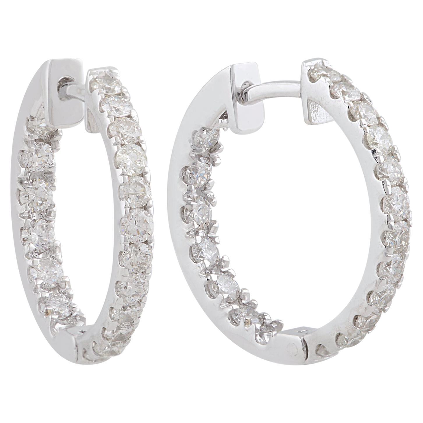 1.18 Carat SI Clarity HI Color Diamond Pave Hoop Earrings 10k White Gold Jewelry