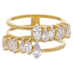 Bague à trois anneaux en or jaune 18 carats avec diamant poire de 1,18 carat de pureté SI de couleur hi-colore