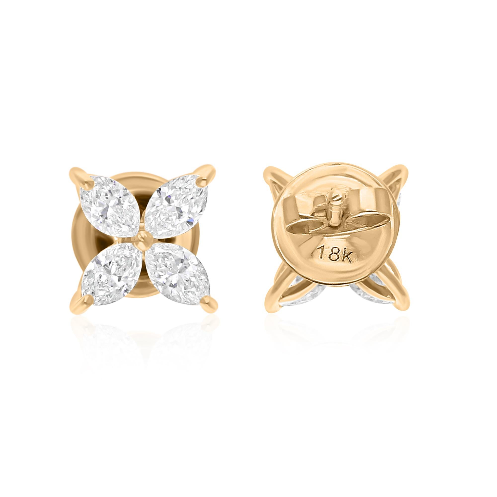 Modern 1.18 Carat SI/H Marquise Shape Diamond Earrings 18 Karat Yellow Gold Jewelry For Sale