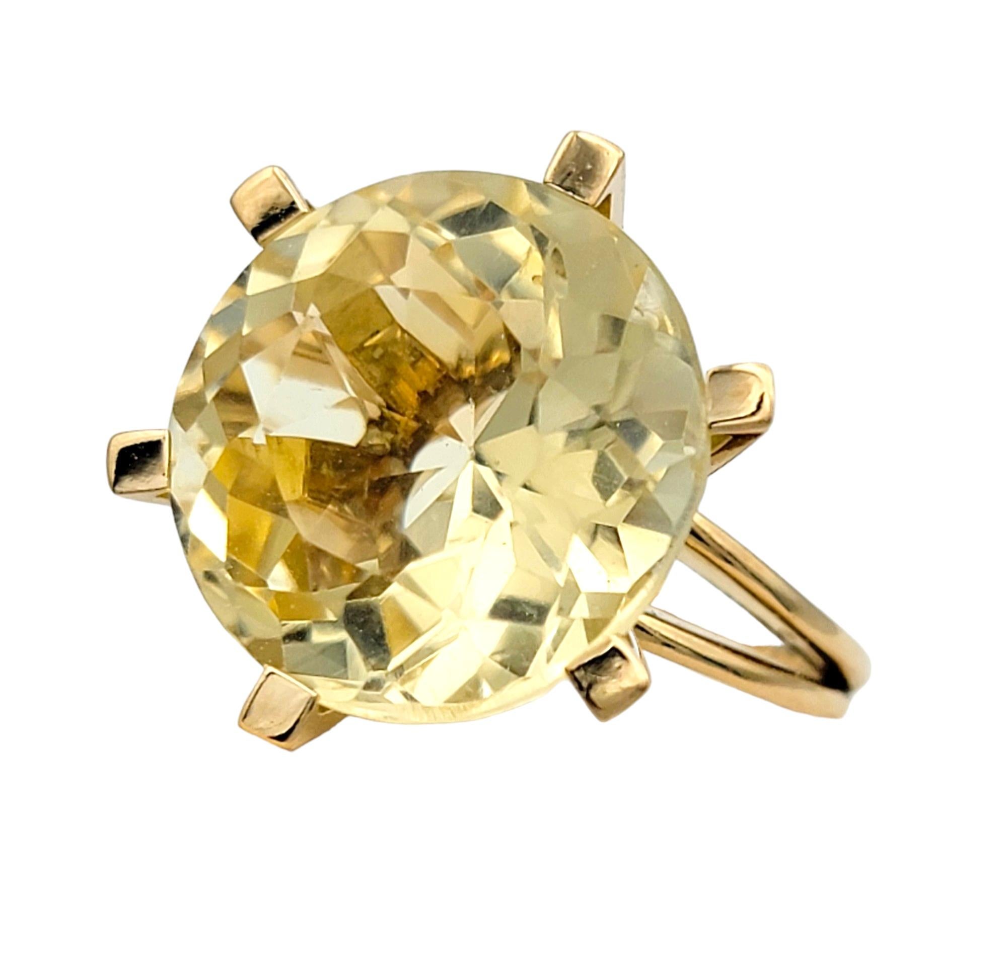Round Cut 11.8 Carat Solitaire Citrine High Profile Cocktail Ring in 14 Karat Yellow Gold For Sale