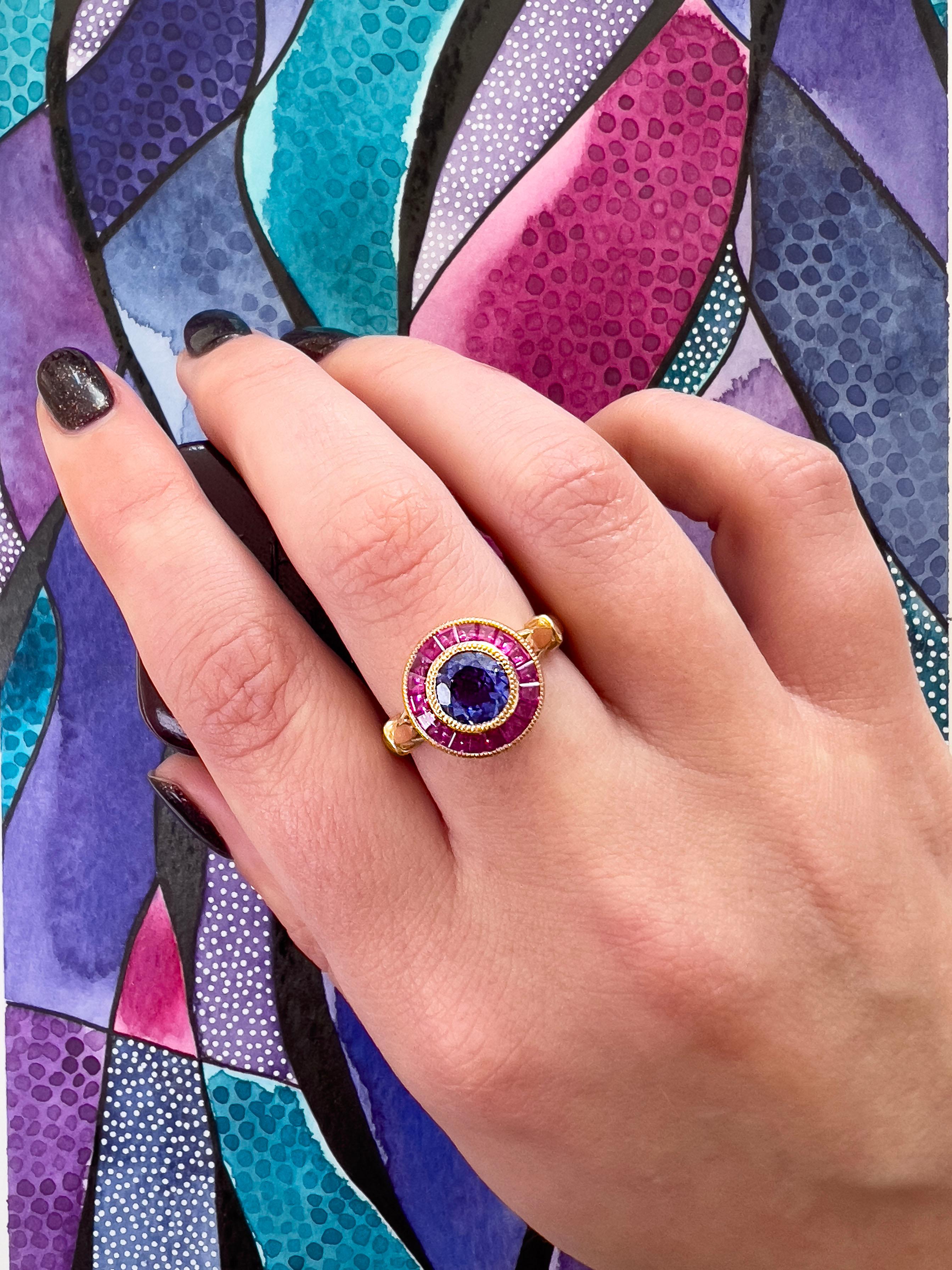 Art Deco 1.18 Carat Tanzanite and Pink Sapphire Rose Gold Target Cocktail Ring For Sale