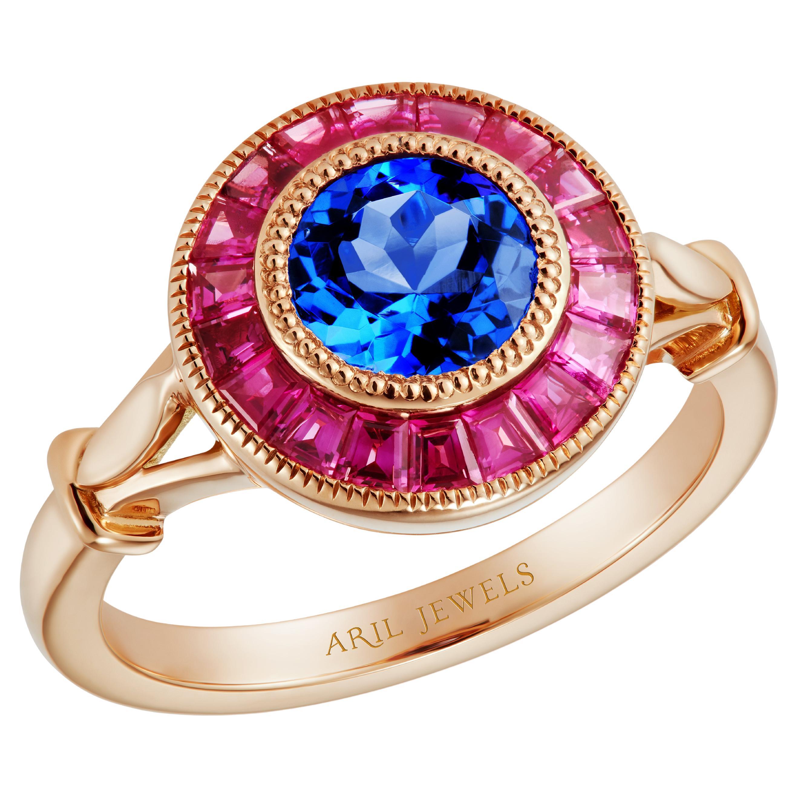 1.18 Carat Tanzanite and Pink Sapphire Rose Gold Target Cocktail Ring For Sale