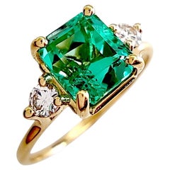 1.18 ct Natural Emerald Diamond Three-Stone Ring 18K Yellow Gold Gift for her