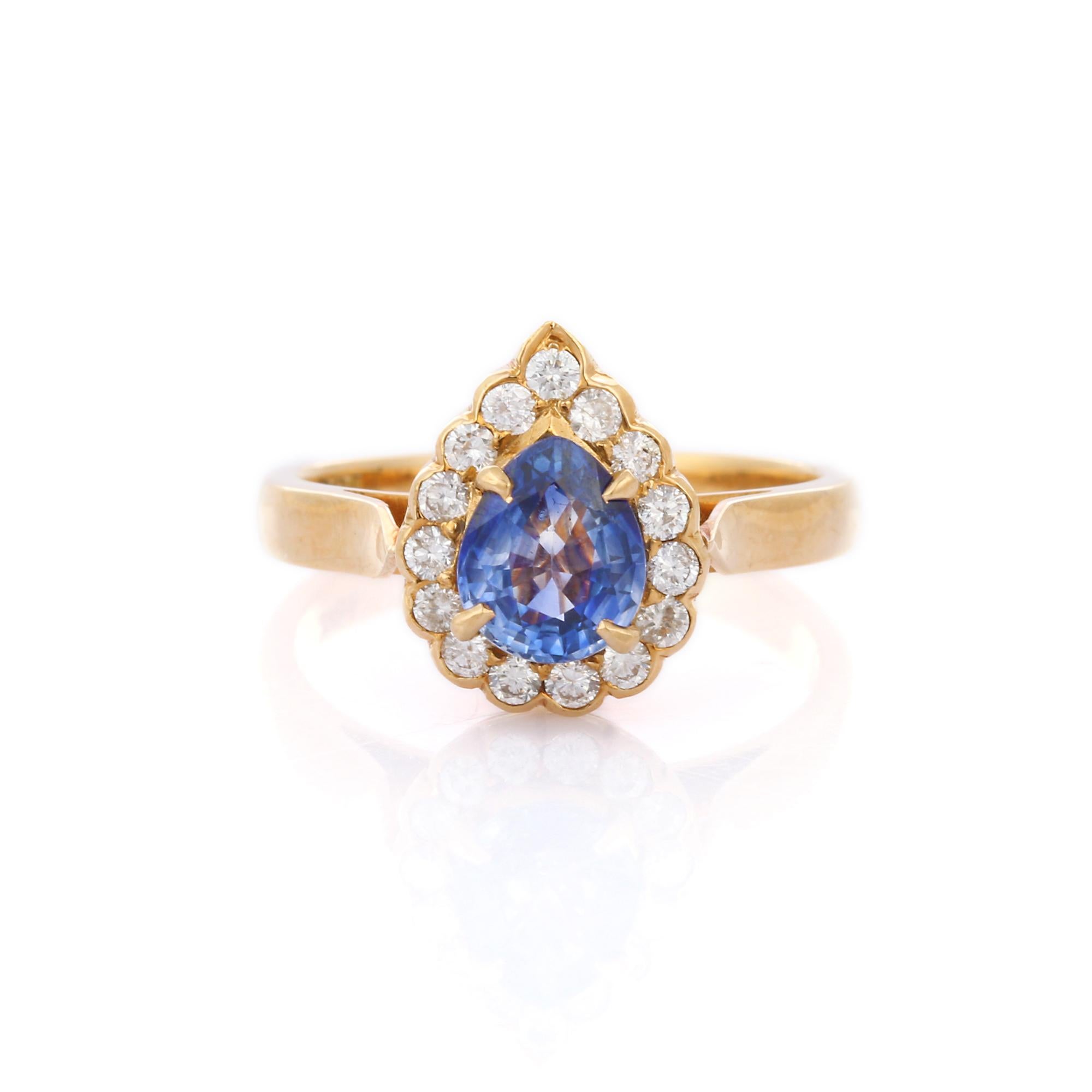 For Sale:  Pear Cut Blue Sapphire Ringed with Diamonds Engagement Ring in 18K Yellow Gold 2