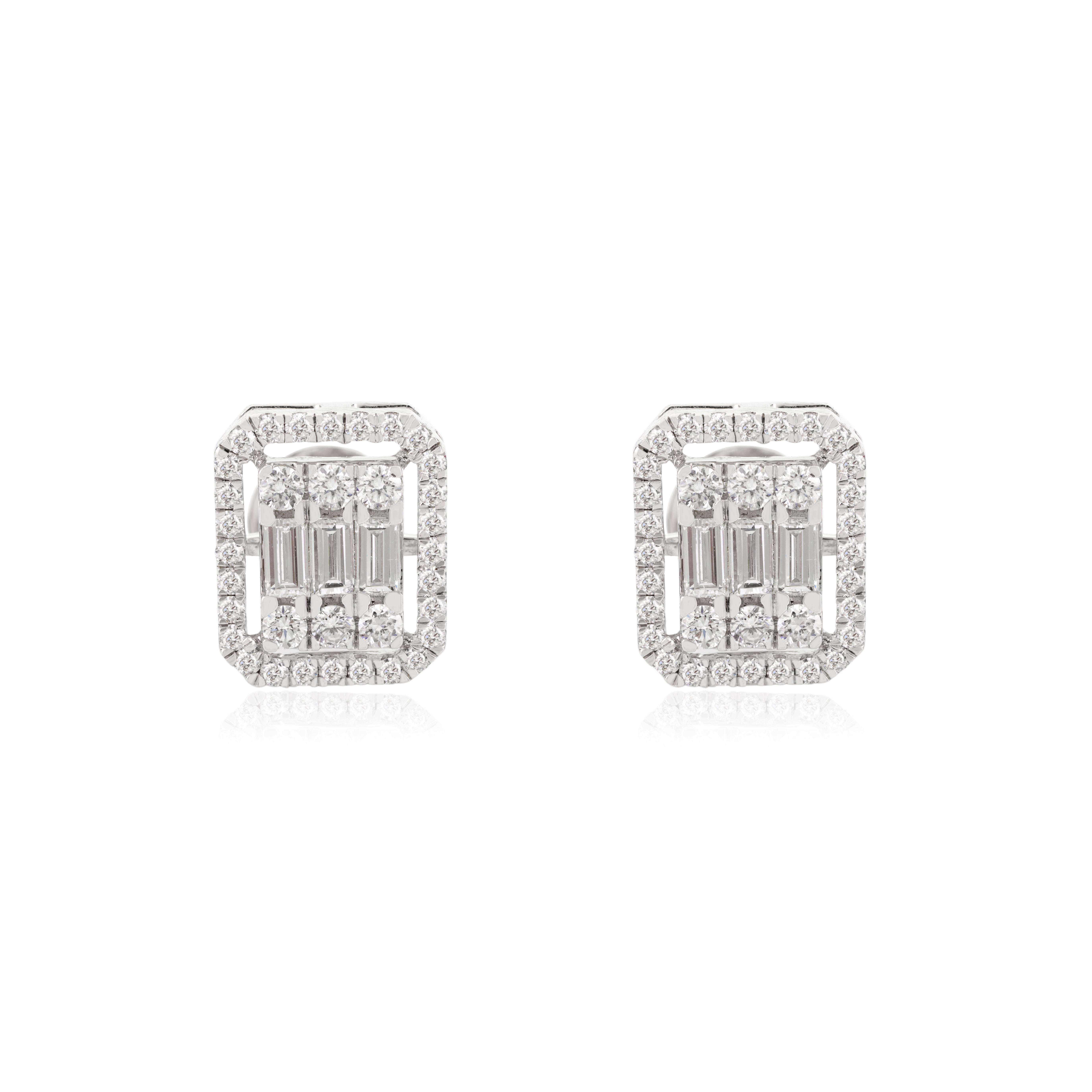 Modernista Orecchini a perno con diamanti a grappolo da 1,18 CTW in oro bianco massiccio 18 ct. in vendita