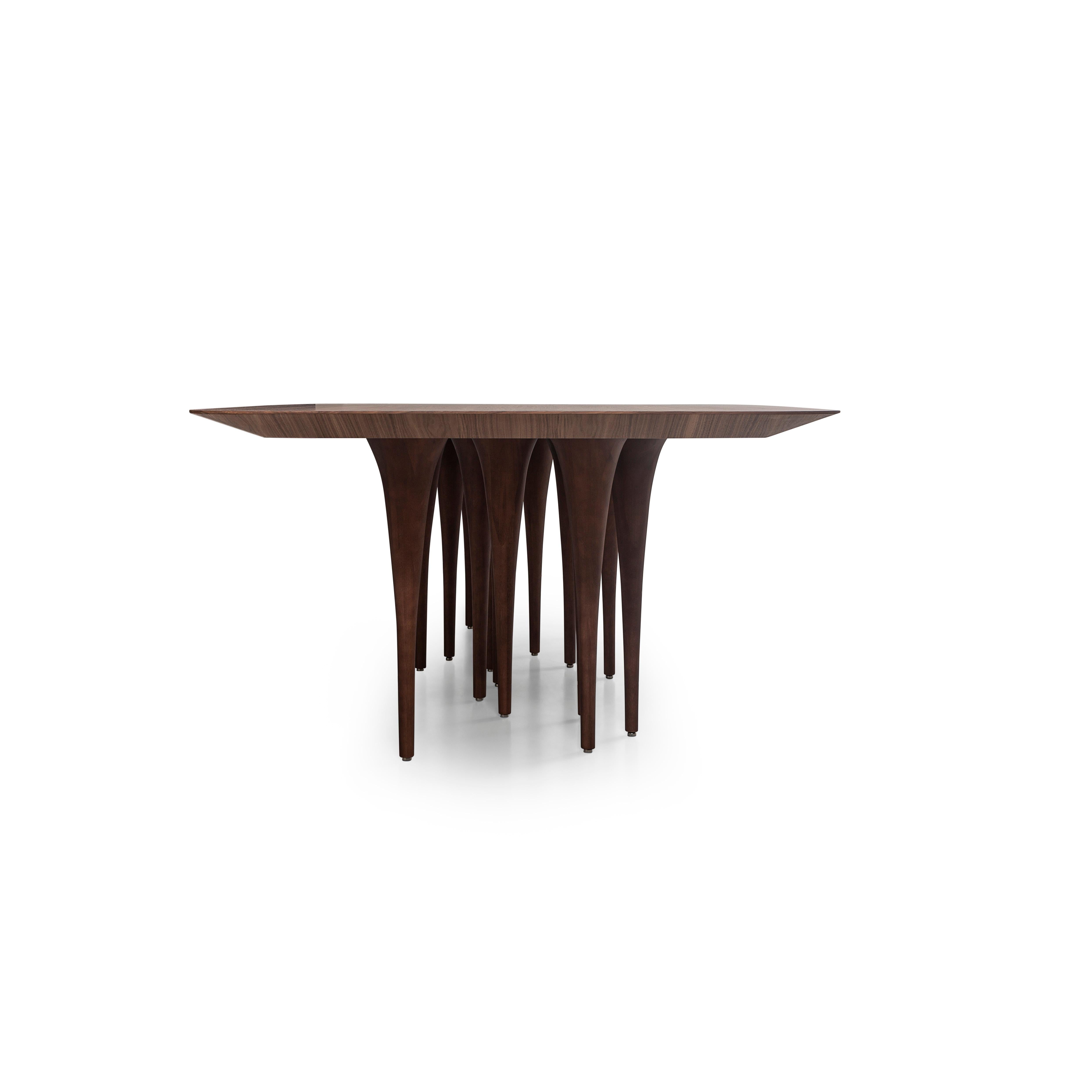 Brazilian Pin Dining Table with a Walnut Wood Veneered Table Top and 16 Legs 118'' For Sale