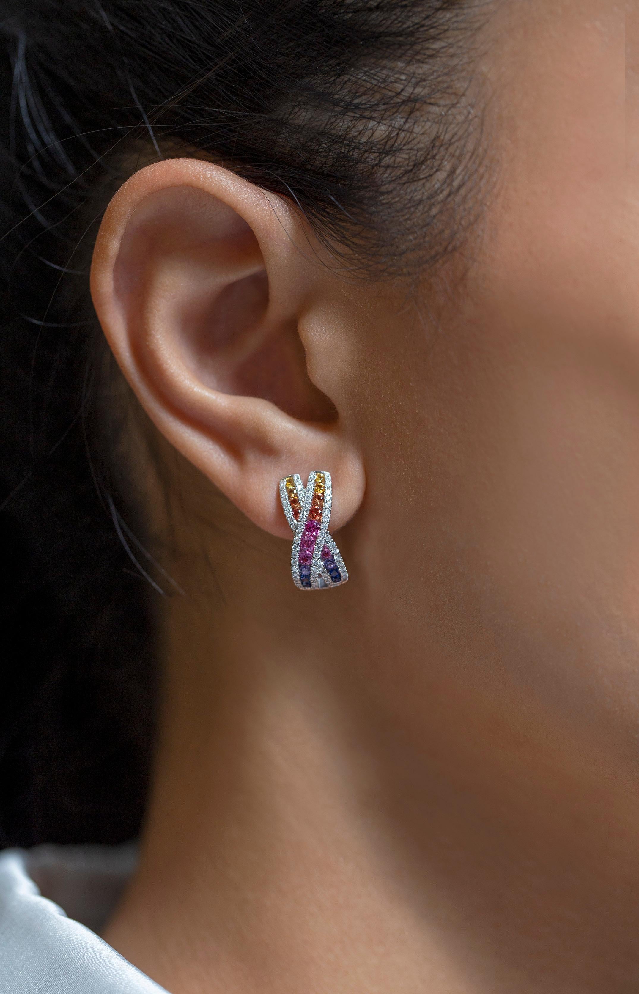 Contemporary 1.18 Carat Multi Color Round Sapphire and Diamond Crossed Fashion Earrings  For Sale
