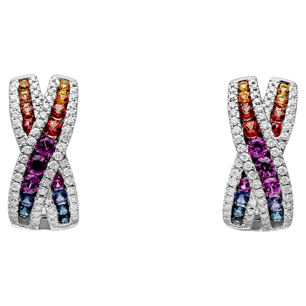 1.18 Carat Multi Color Round Sapphire and Diamond Crossed Fashion Earrings  For Sale