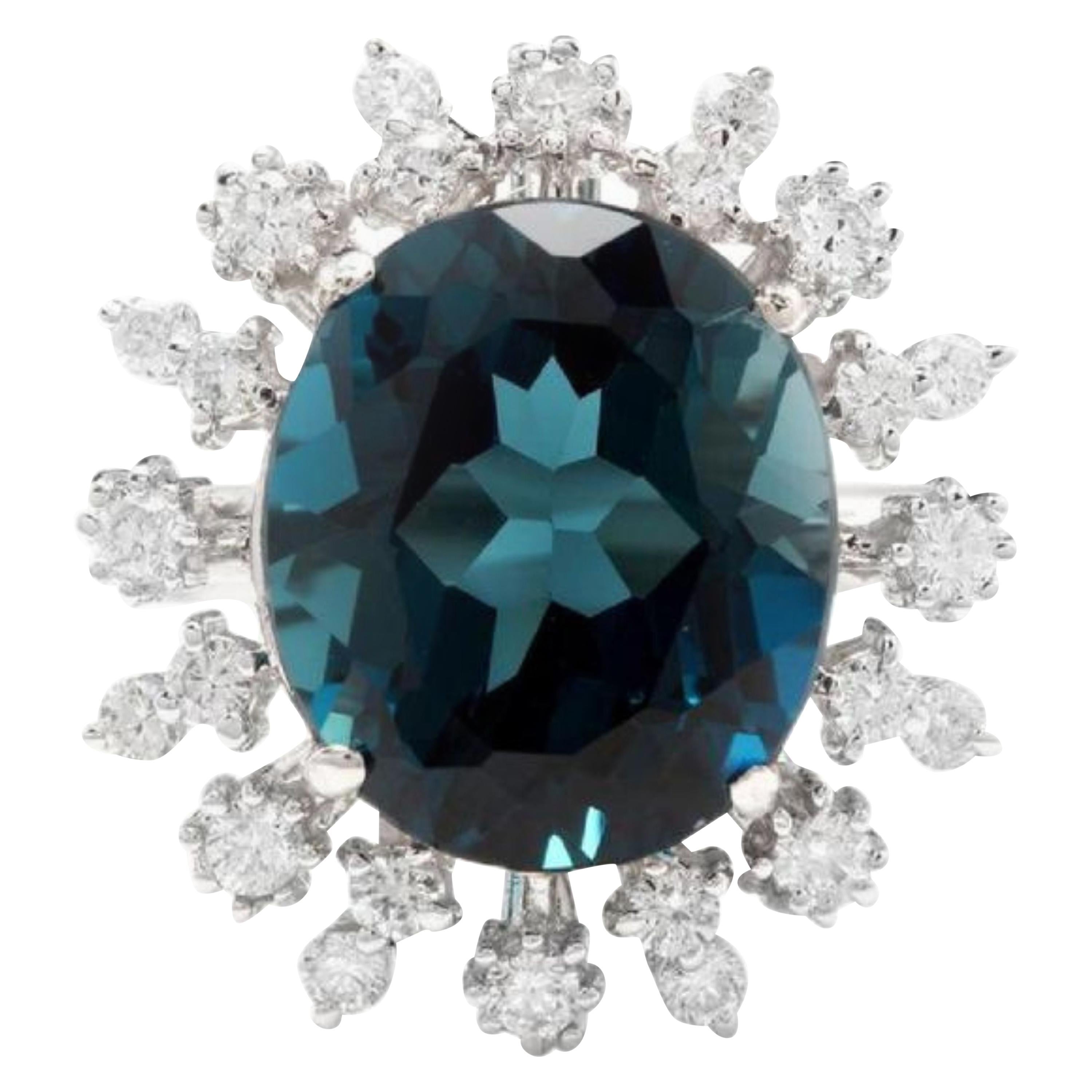 11,80 Karat exquisiter Londoner Blautopas und Diamant 14K massiver Weißgold Ring