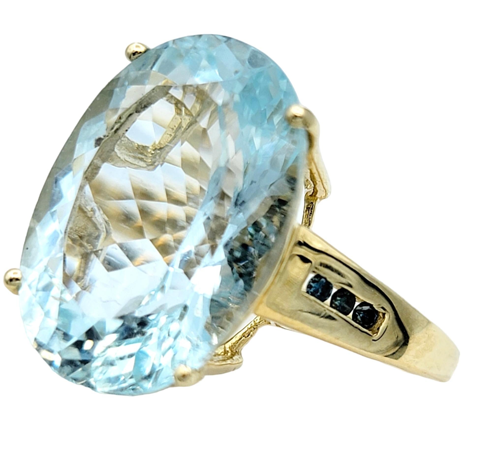 Contemporary 11.80 Carat Oval Brilliant Cut Aquamarine Cocktail Ring, Blue Diamond Accents For Sale