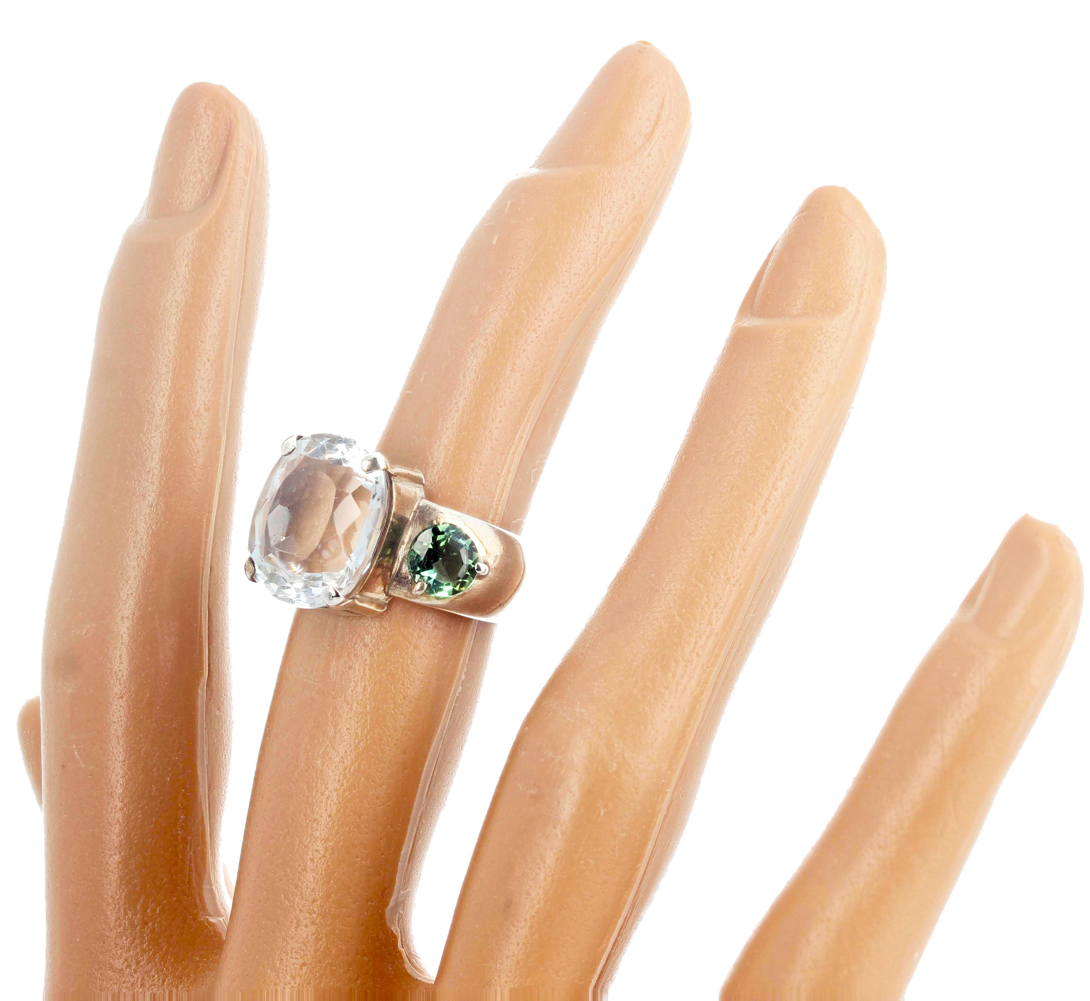 Huge cushion cut sparkling natural WHITE Topaz (14 mm x 12.8 mm) enhanced with beautiful sparkling green Tourmalines (6 mm - approximately 0.75 carats each) set in this lovely sterling silver ring size 8 sizable FOR FREE.  Please note the ring is